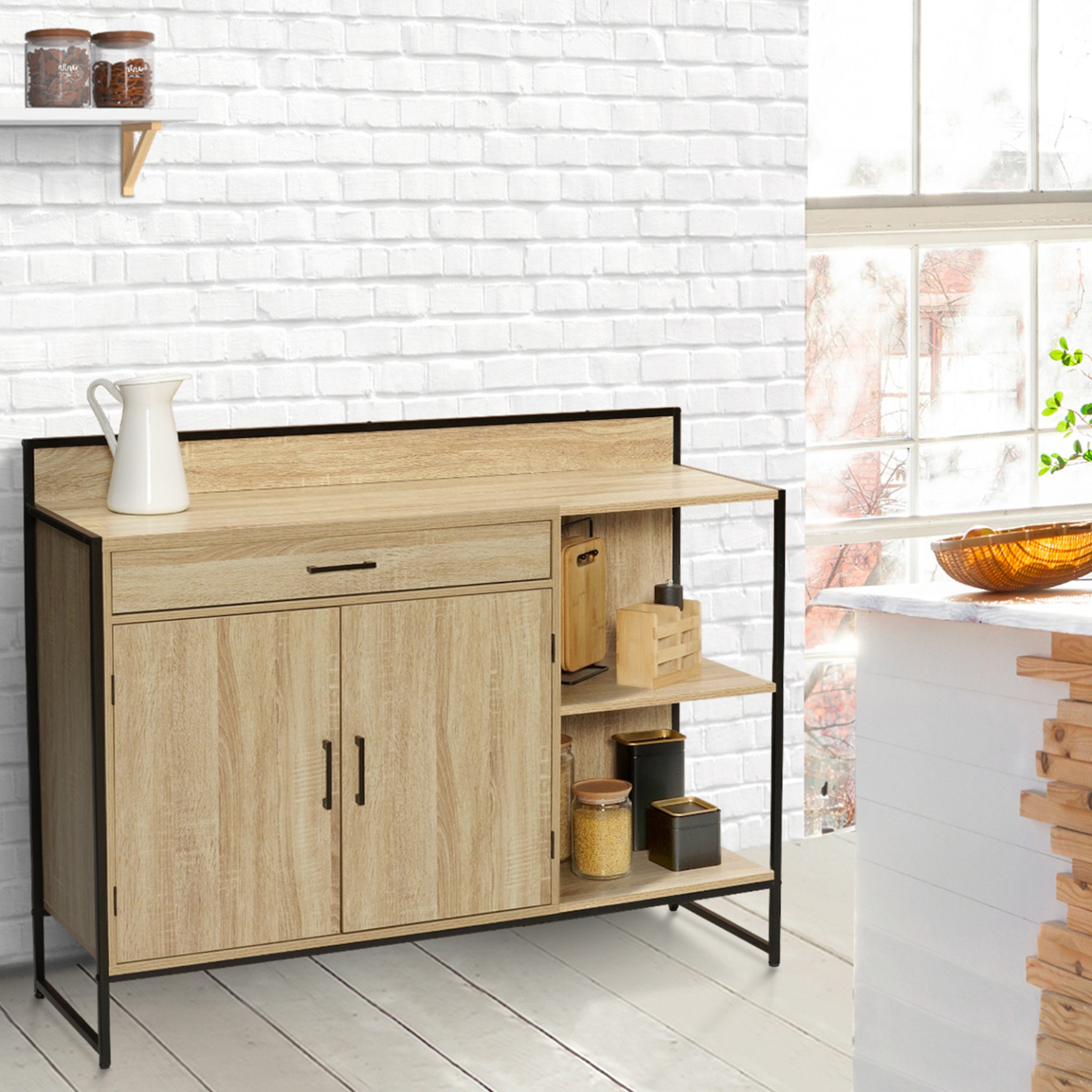 Voir la diapositive 2 : ID MARKET Buffet bas de cuisine 120 cm detroit plan de travail h.83 cm 2 portes + tiroir design industriel