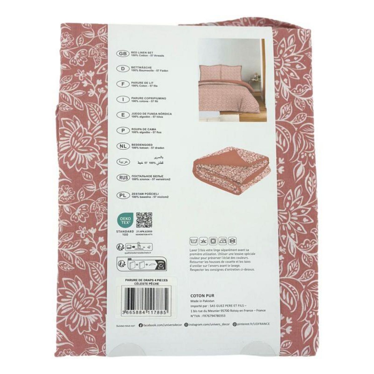 COTON PUR Parure de draps 4 pièces pour lit 160 x 200 cm  Grande largeur  Céleste pêche