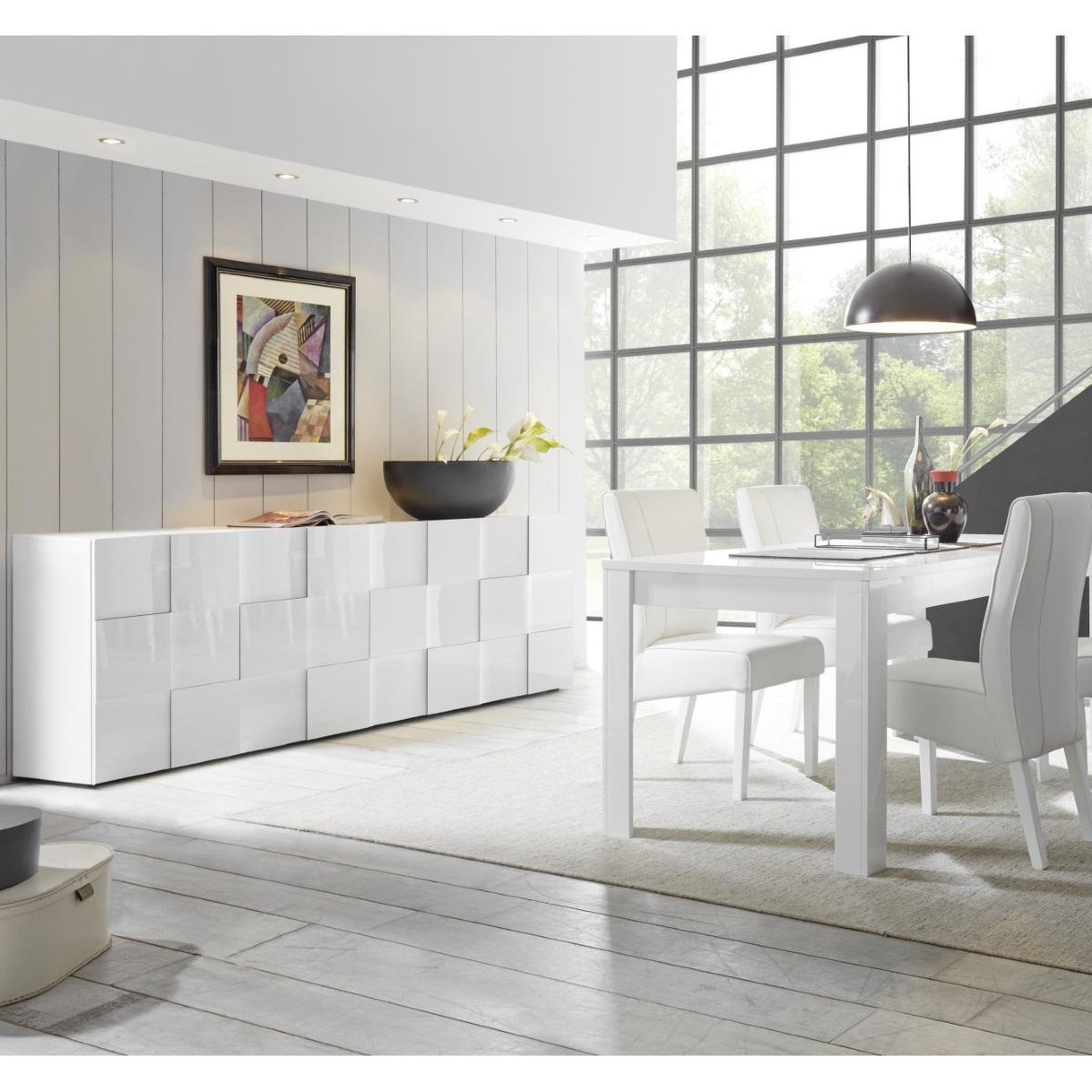 Voir la diapositive 4 : JLC KREATION Buffet bas design laqué blanc 4 portes 240cm mado