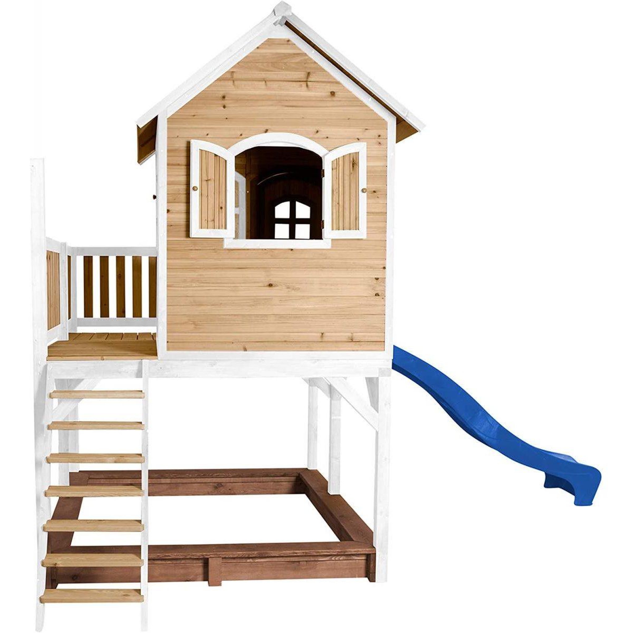Voir la diapositive 4 : Axi House Axi maisonnette liam brun blanc sans agrès avec toboggan bleu et bac à sable