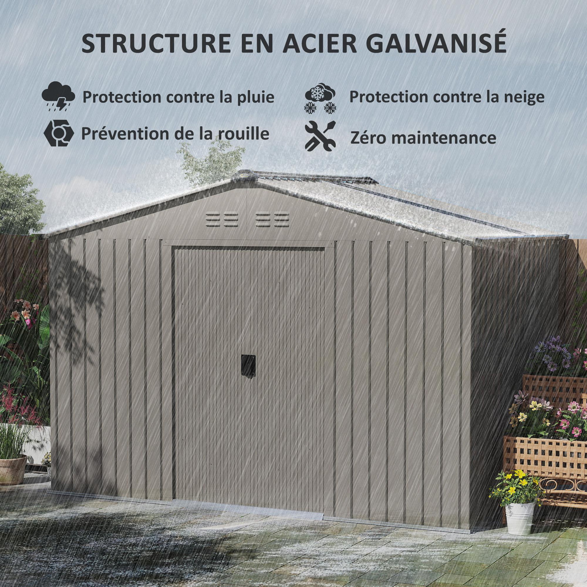 Voir la diapositive 6 : OUTSUNNY Abri de jardin 5,4 m² - cabanon double porte coulissante - fondation incluse - 277 x 195 x 192 cm - tôle d'acier ondulée gris