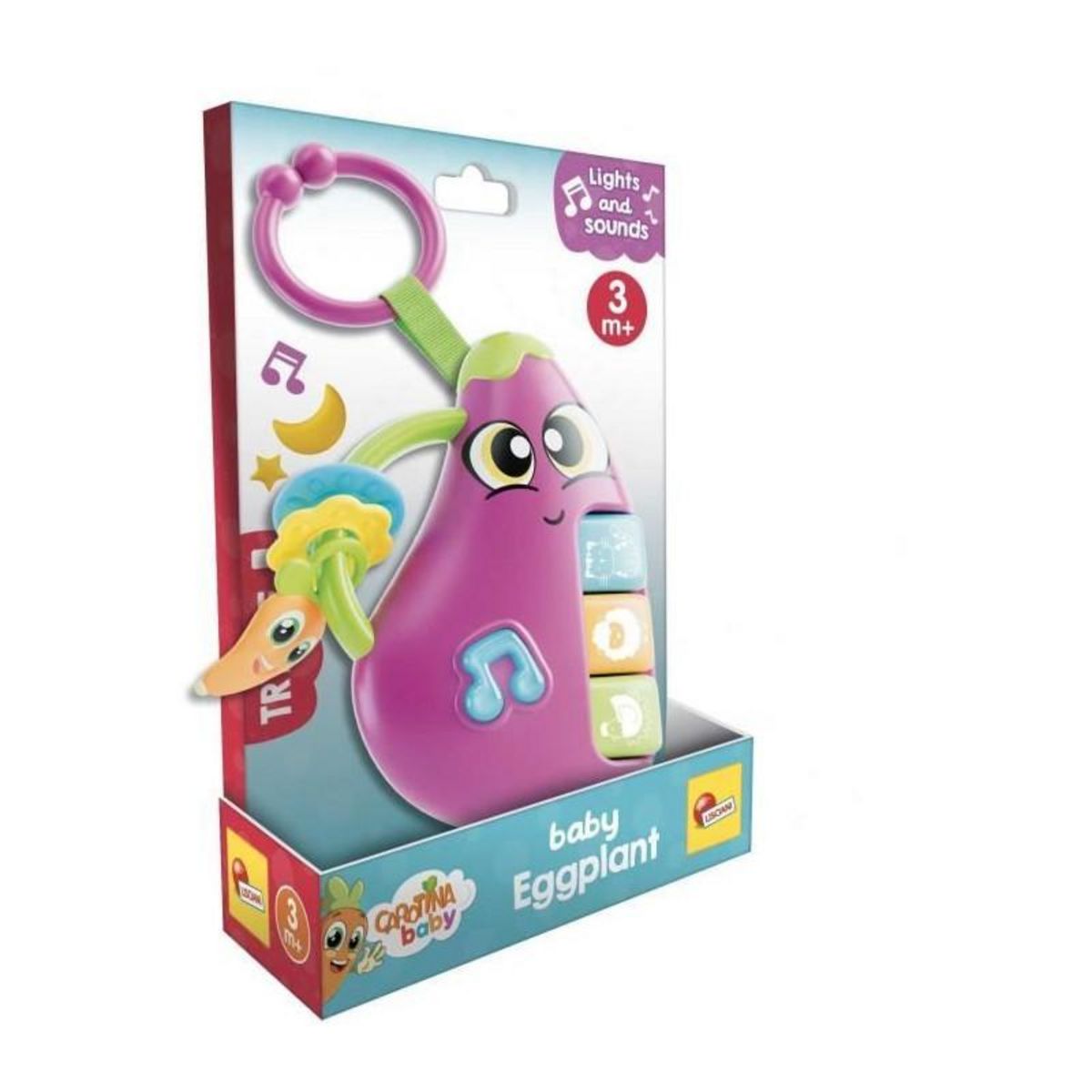 LISCIANI GIOCHI Aubergine - Hochet électronique - CAROTINA BABY - Mélodies et bruits d'animaux, Anneaux de dentition