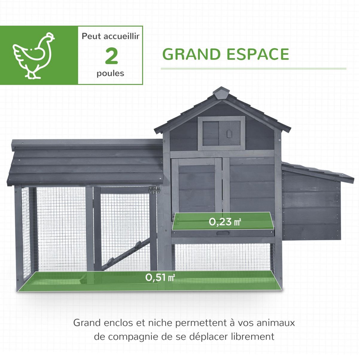 PAWHUT Petit poulailler cottage cage à poules sur pied dim. 151L x 54l x 87H cm multi-équipement bois massif de pin gris