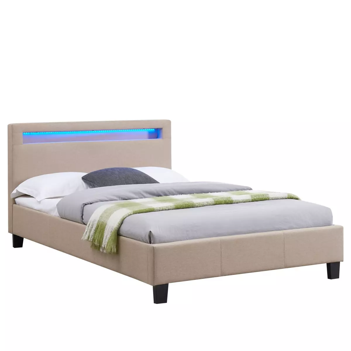 IDIMEX Lit LED simple 120x190 cm avec sommier, tête de lit confortable, lit 1 place revêtement en tissu beige, MARISELA