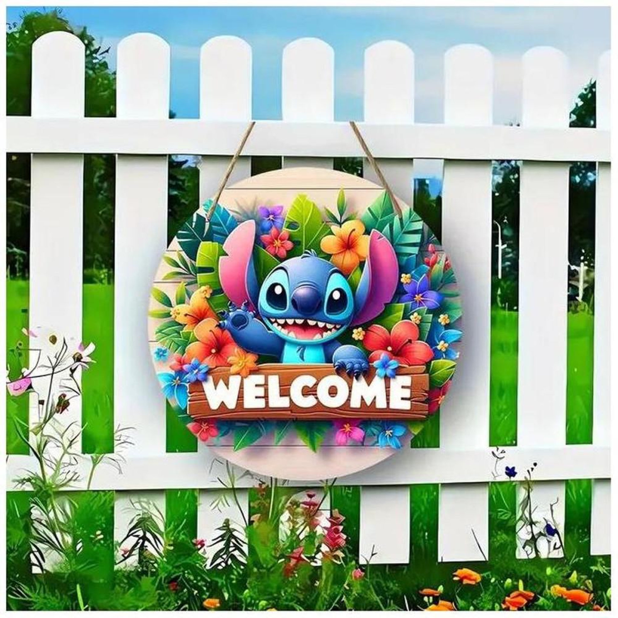 Voir la diapositive 5 : panneau décoratif suspendu rond WELCOME en bois imprimé multicolore, motif couture et personnage cartoon, fleurs et feuilles tropicales, pour portes et fenêtres, 20 cm