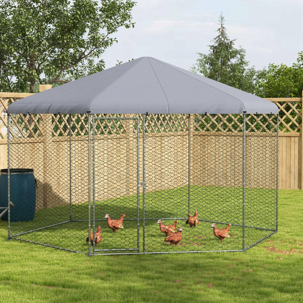 PAWHUT Enclos poulailler chenil 10 m² - parc grillagé dim. 4L x 3,46l x 2,63H m - entièrement couvert - acier oxford gris