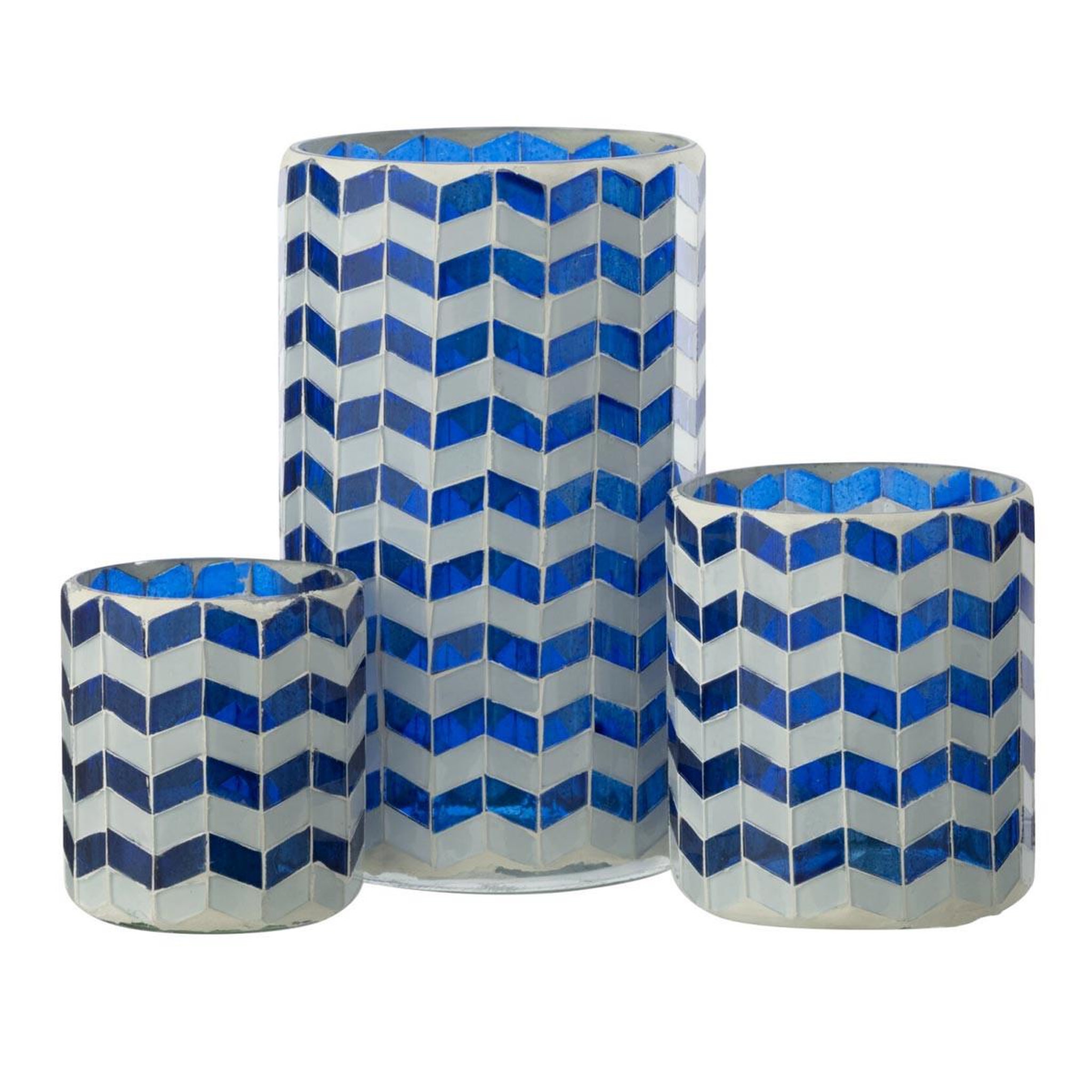 Voir la diapositive 5 : J-LINE Photophore chevrons en verre  santorin  18cm bleu