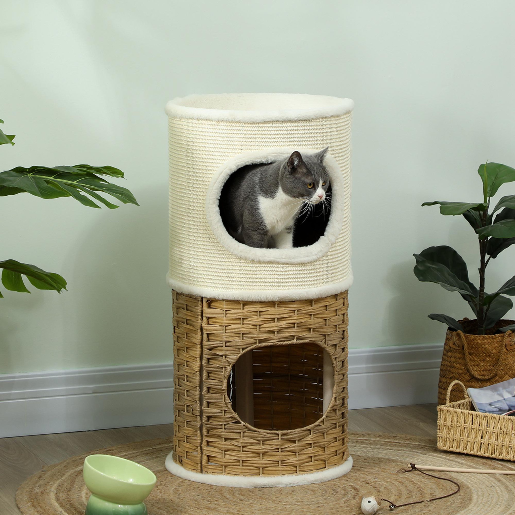 Voir la diapositive 4 : PAWHUT Tour à griffer pour chat 3 niveaux - 2 niches, panier observation- h.75,5 cm - résine tressée sisal