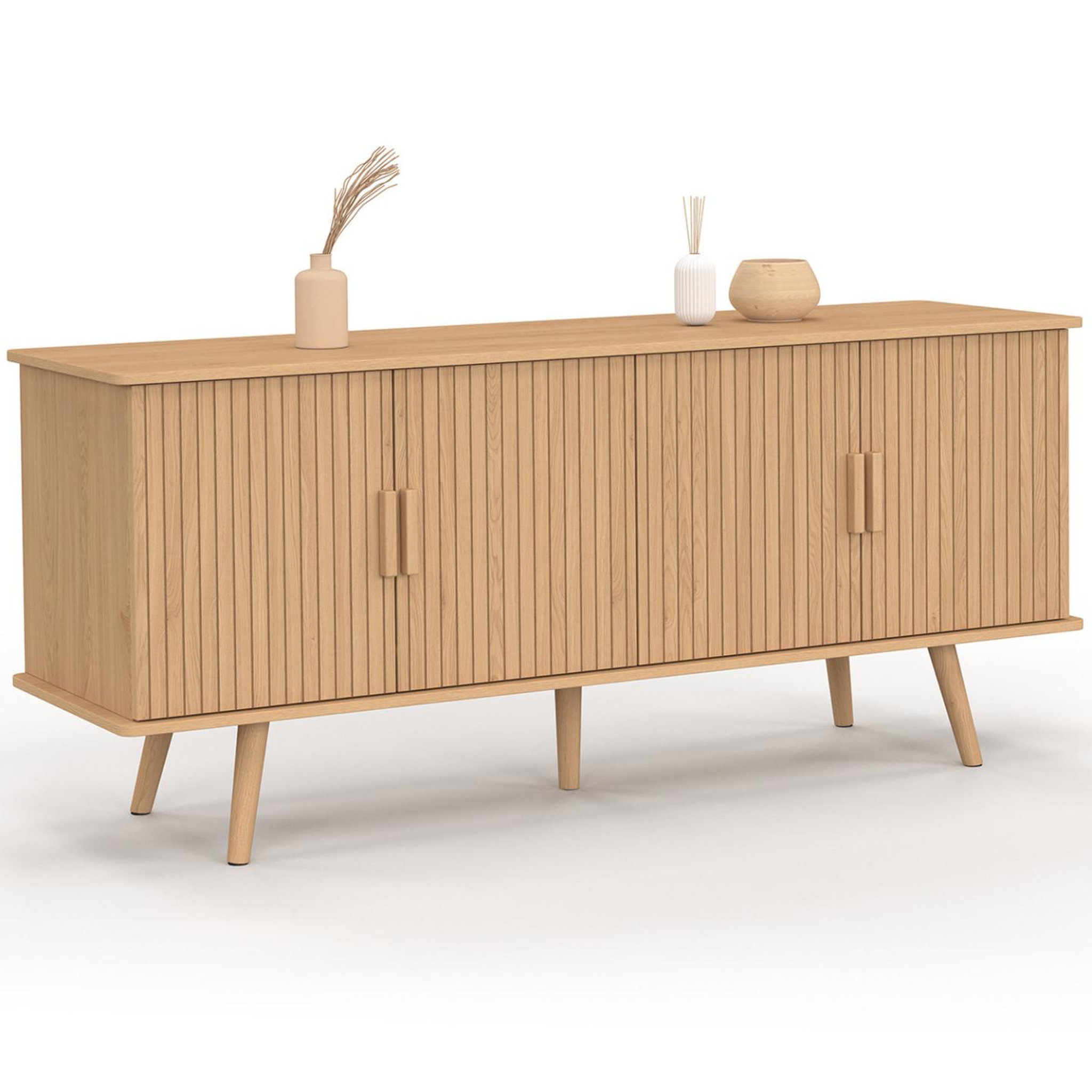 ID MARKET Buffet bas 140 cm juliette 4 portes effet lattes tasseau bois coloris chêne