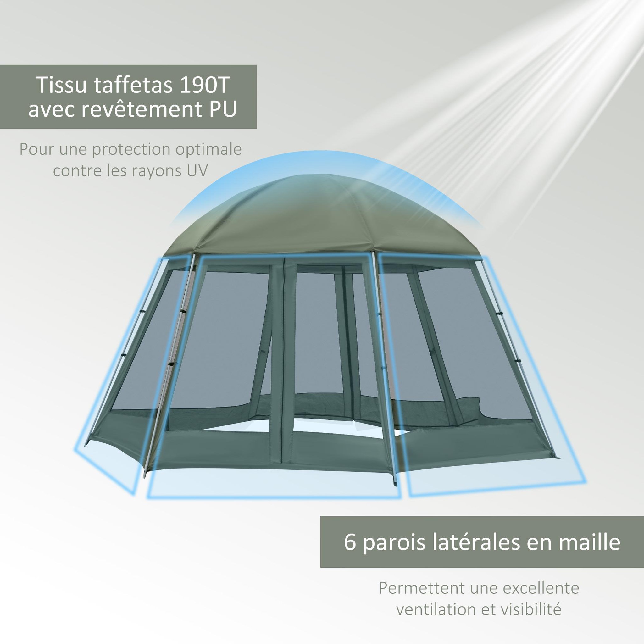 Voir la diapositive 5 : OUTSUNNY Tente de camping familiale 6-8 personnes - tente hexagonale - avec sac de transport et piquets de sol - dim. 493L x 493L x 240H cm fibre verre polyester - vert