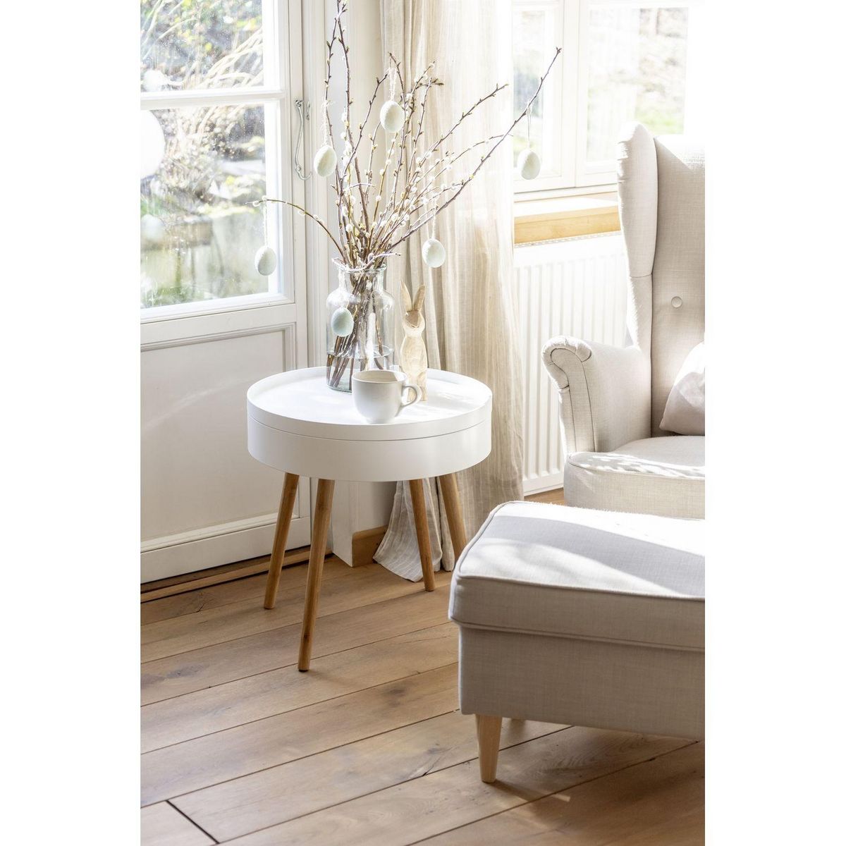 Wenko Table d'appoint ronde avec couvercle en MDF et Bambou - Blanc et Beige