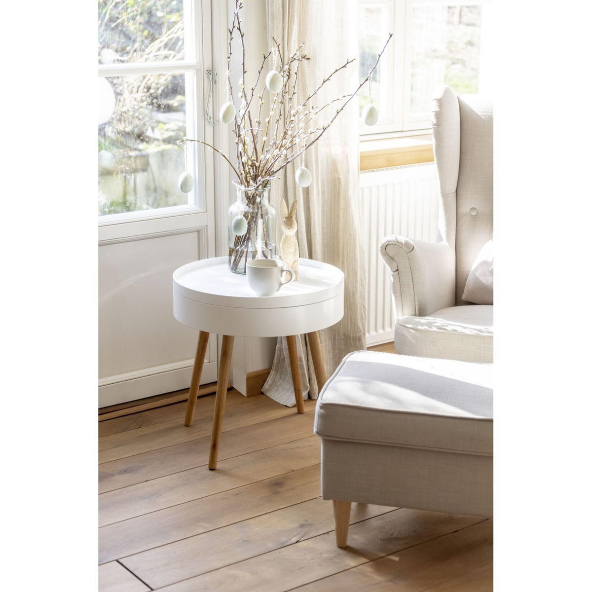 Wenko Table d'appoint ronde avec couvercle en MDF et Bambou - Blanc et Beige