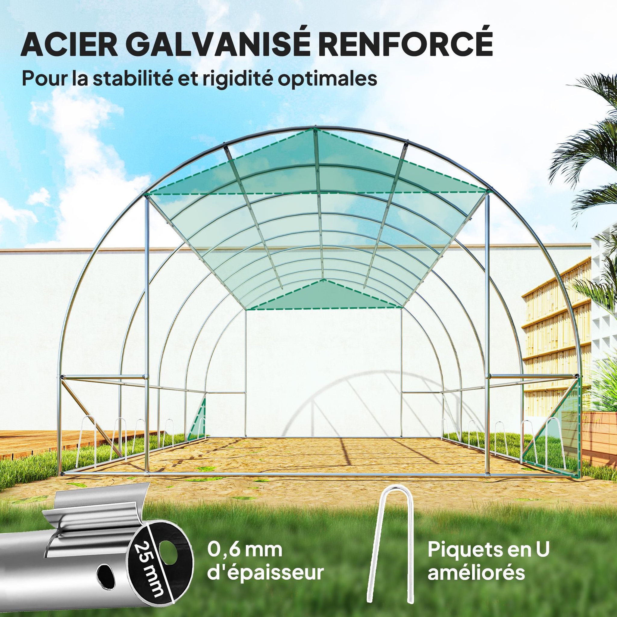 Voir la diapositive 6 : OUTSUNNY Serre de jardin 12 m² - porte zippée enroulable, 8 fenêtres - acier galvanisé pe haute densité 170 g/m² vert