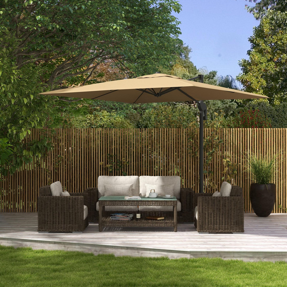 OUTSUNNY Parasol déporté carré pivotant 360° manivelle dim. 2,97L x 2,97l x 2,64H m alu. polyester kaki