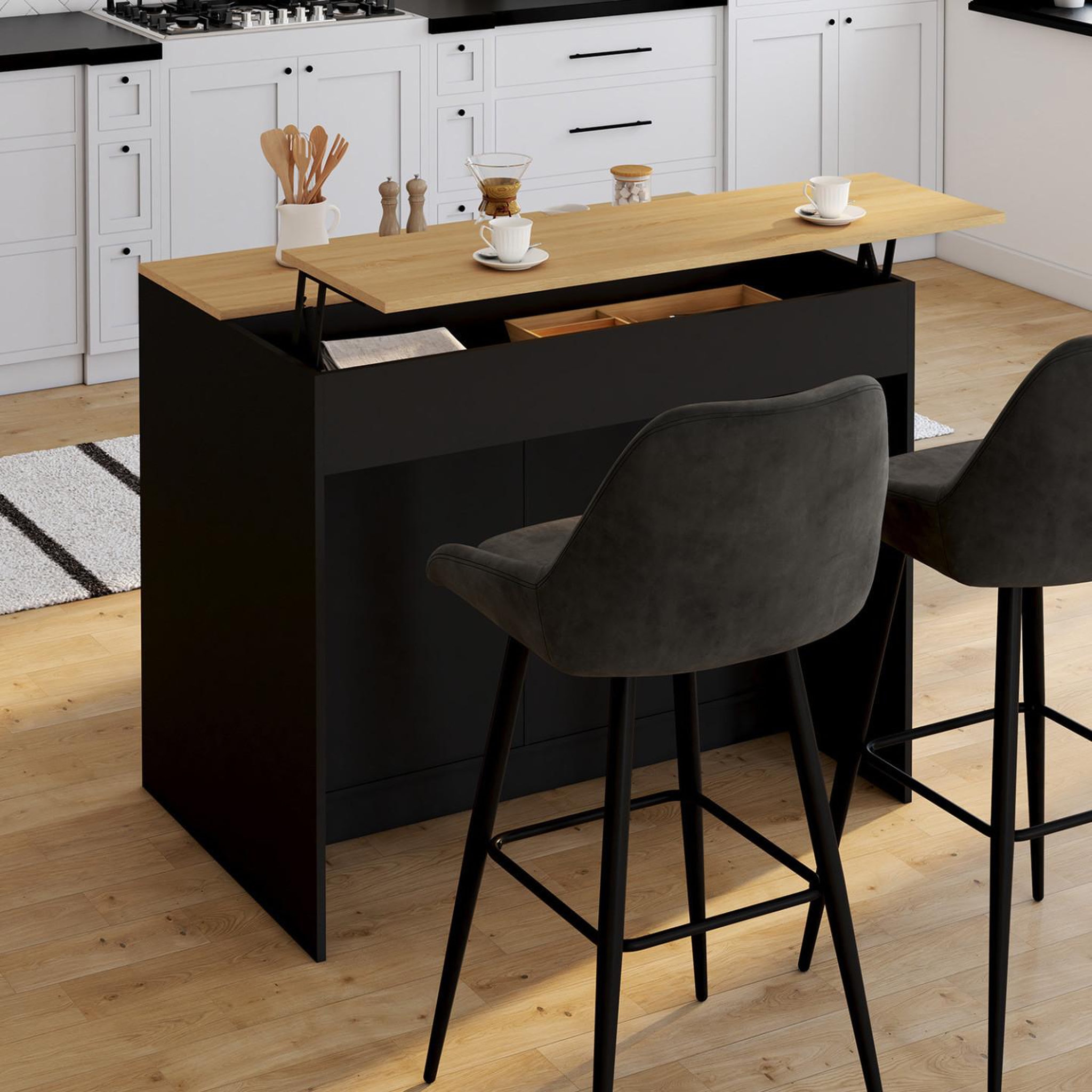 Voir la diapositive 4 : ID MARKET Ilot central cesar 110 cm avec tablette relevable rectangulaire bois noir et façon hêtre