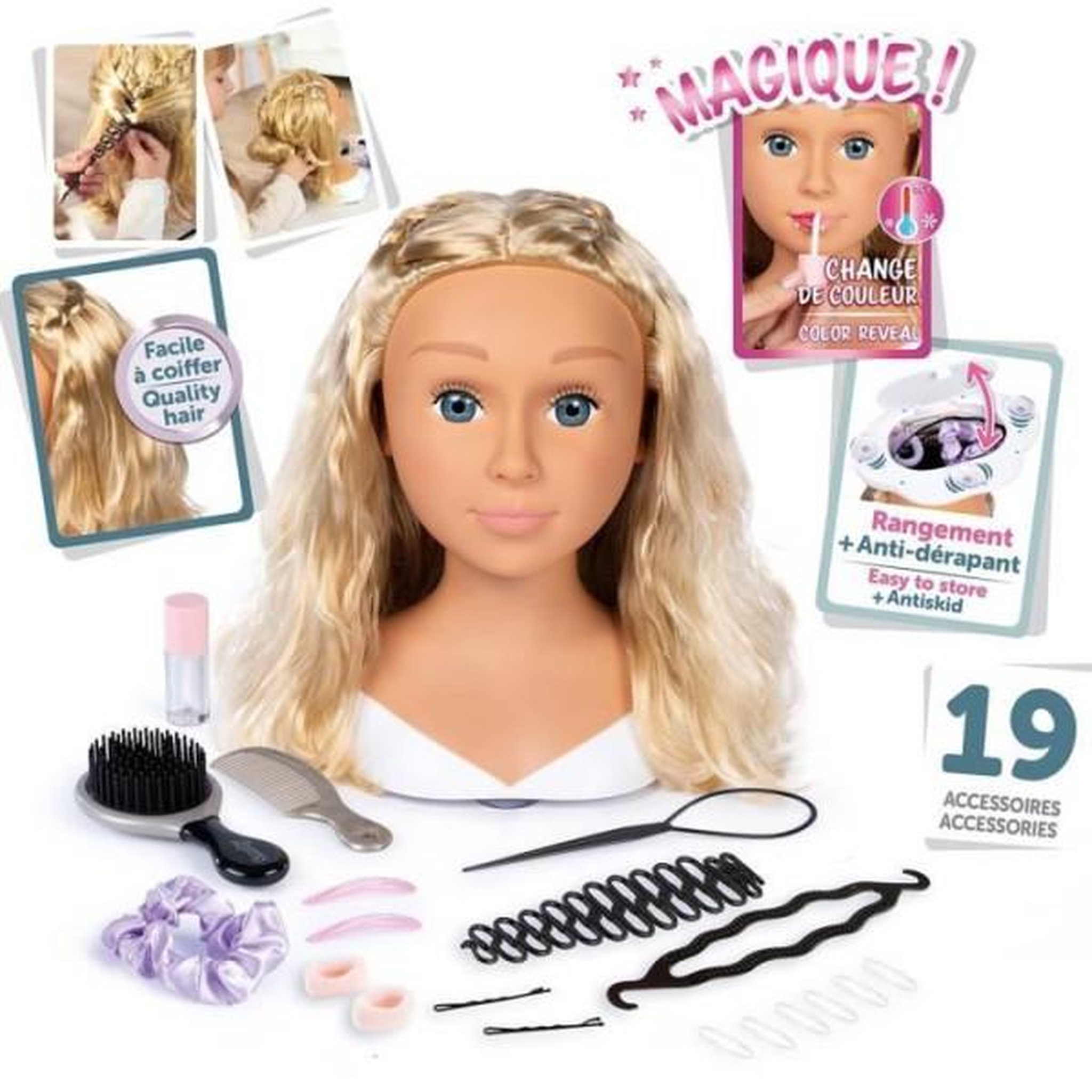 Voir la diapositive 2 : SMOBY Smoby - Tete a coiffer blonde - Facile a coiffer - 19 accessoires réalistes - Levres thermosensibles - Trappe de rangement