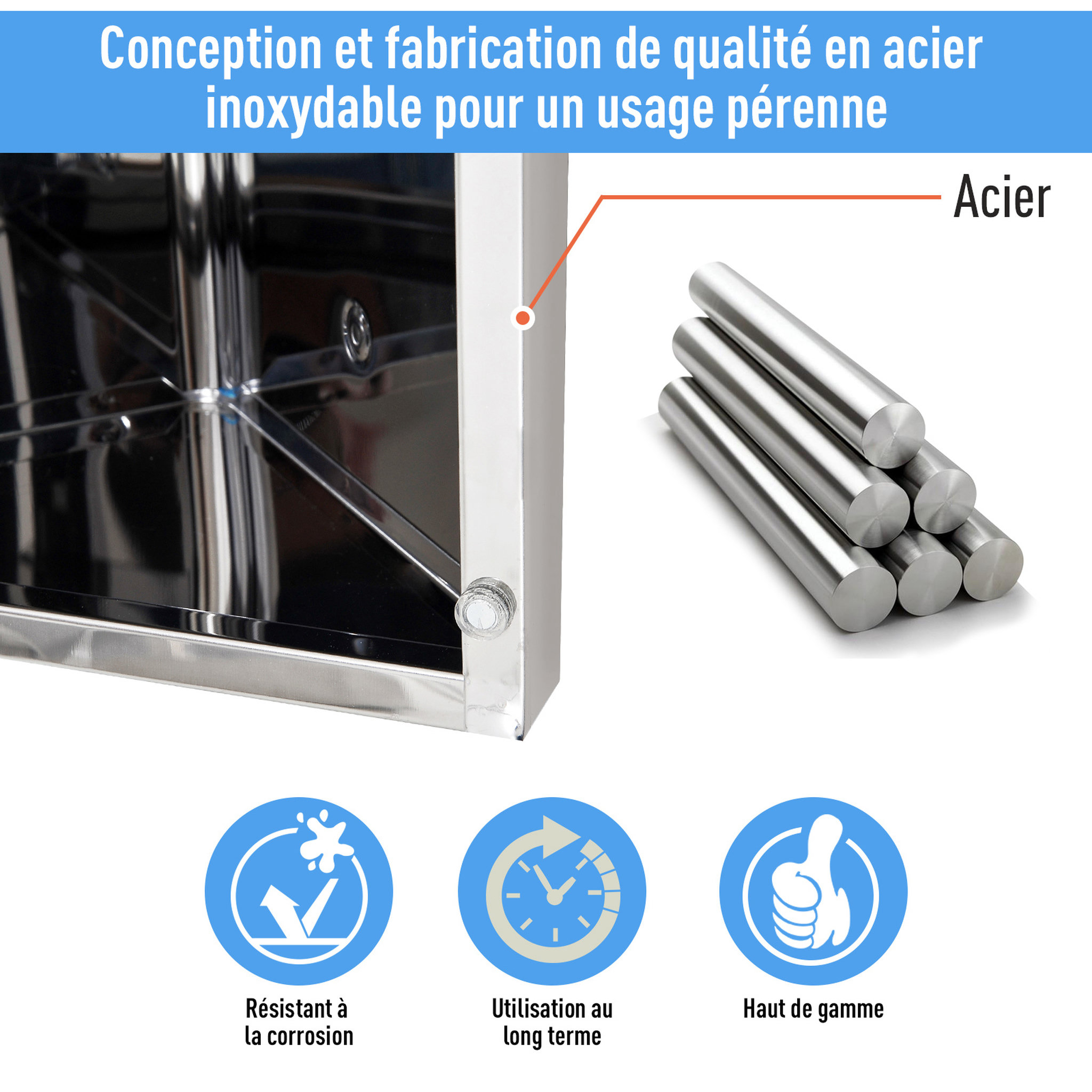 Voir la diapositive 5 : HOMCOM Armoire miroir salle de bain armoire de toilette murale meuble d'angle 2 étagères dim. 30L x 18,4l x 60H cm acier inox.