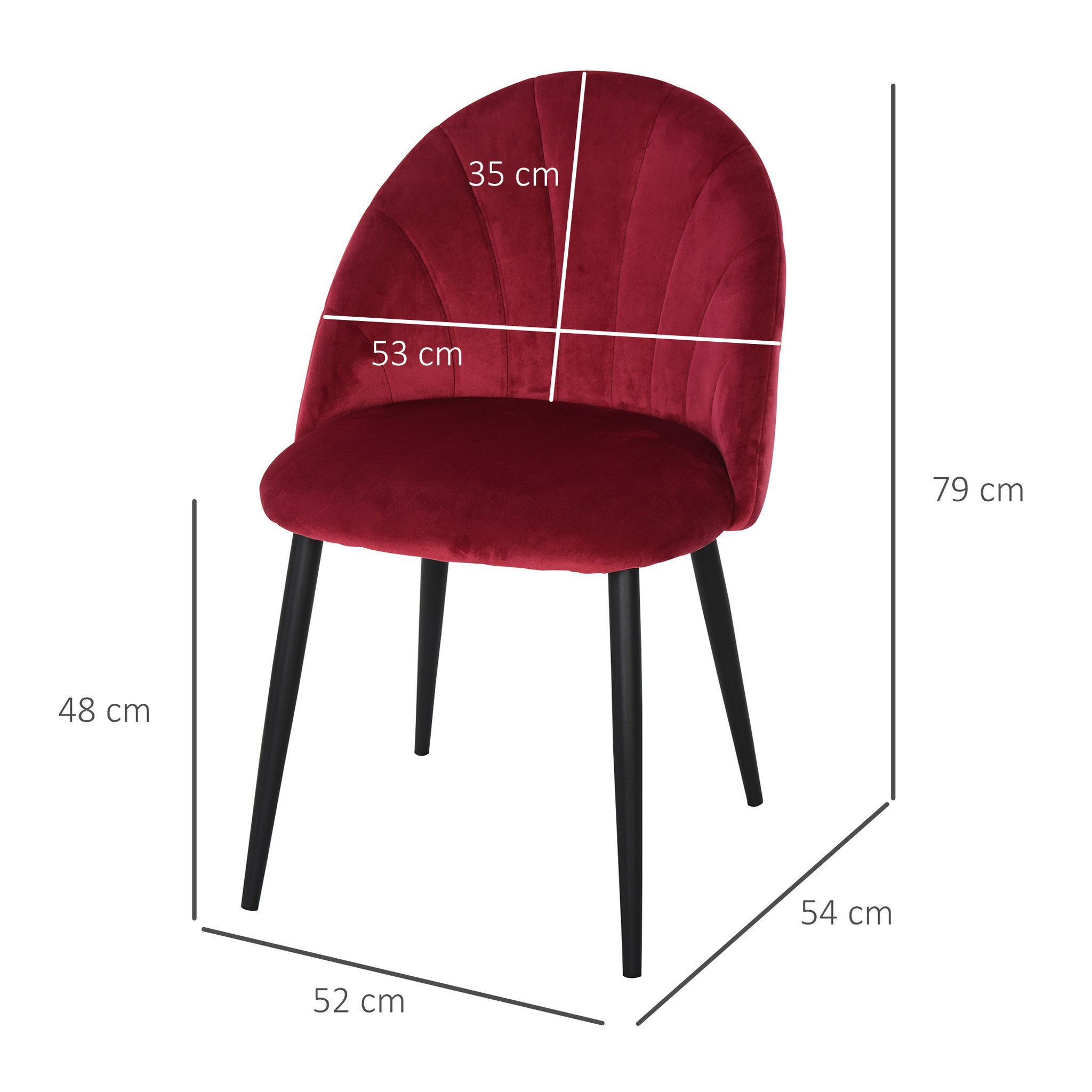 Voir la diapositive 3 : HOMCOM Lot de 2 chaises velours bordeaux pieds métal noir dim. 52L x 54l x 79H cm