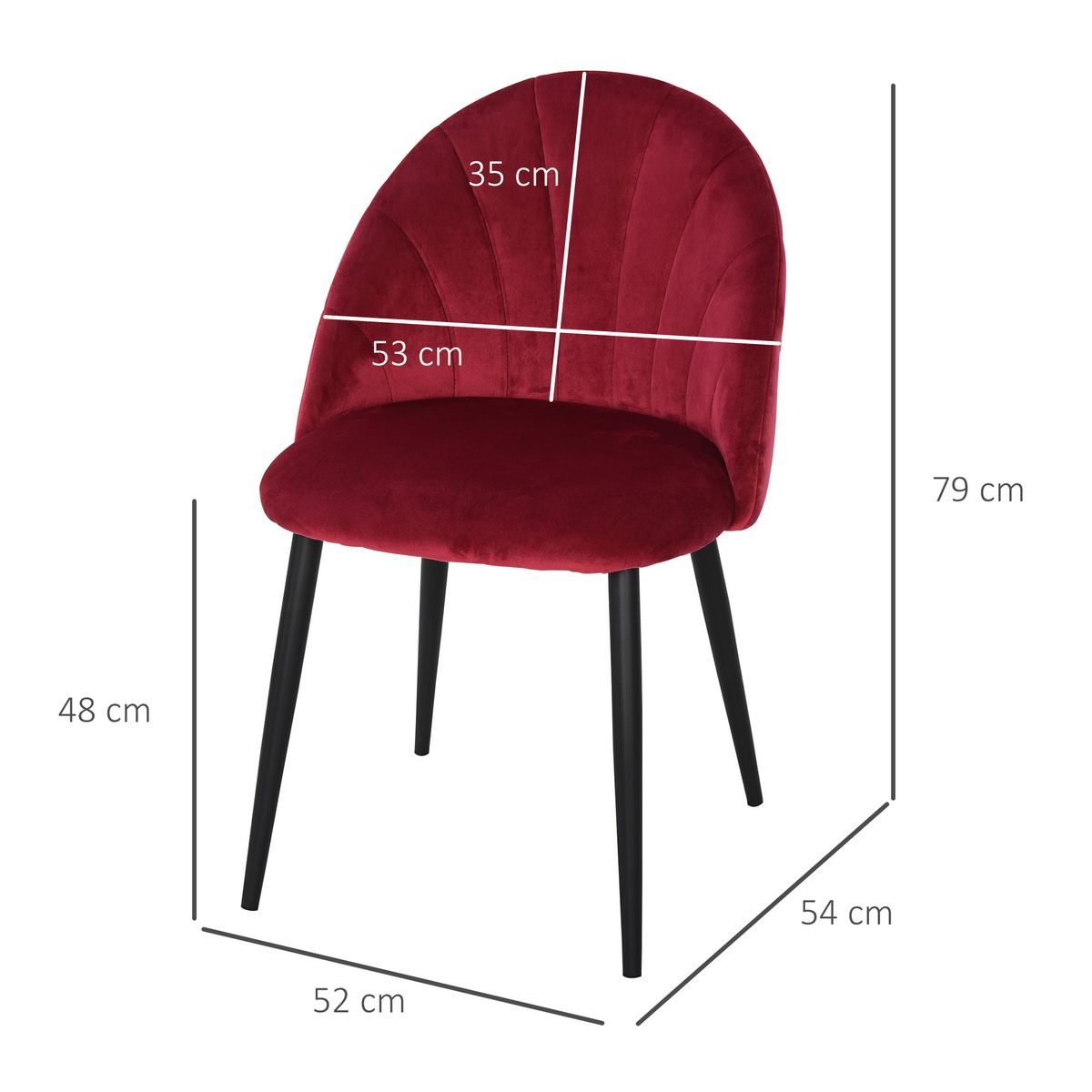 HOMCOM Lot de 2 chaises velours bordeaux pieds métal noir dim. 52L x 54l x 79H cm
