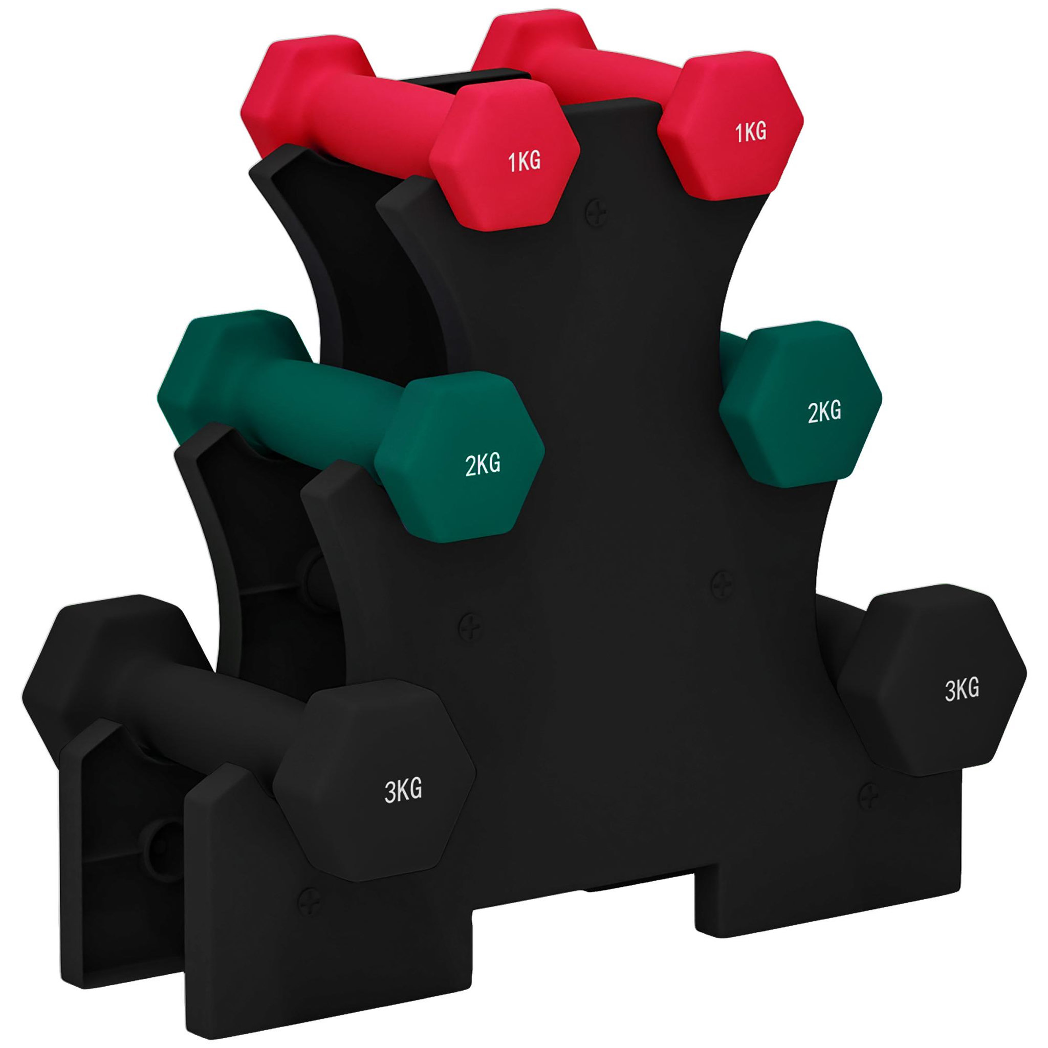 HOMCOM Support noir pour 6 haltères vinyles - 6 haltères incluses total 12 kg - noir rouge vert