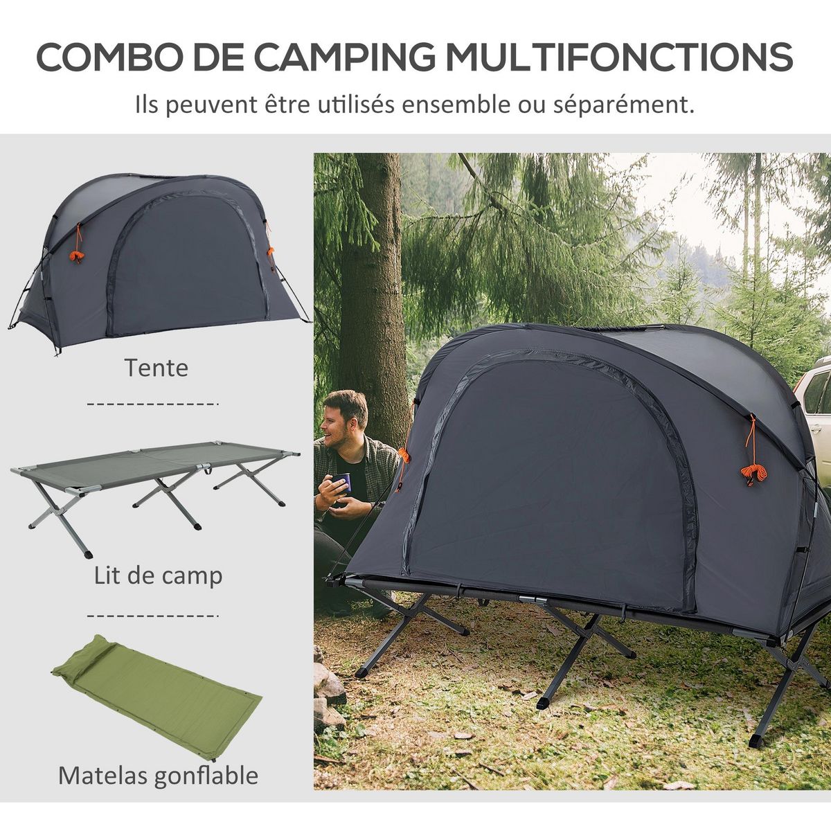 OUTSUNNY Ensemble tente de camping 3 en 1 avec lit de camp, tente, matelas gonflable gris