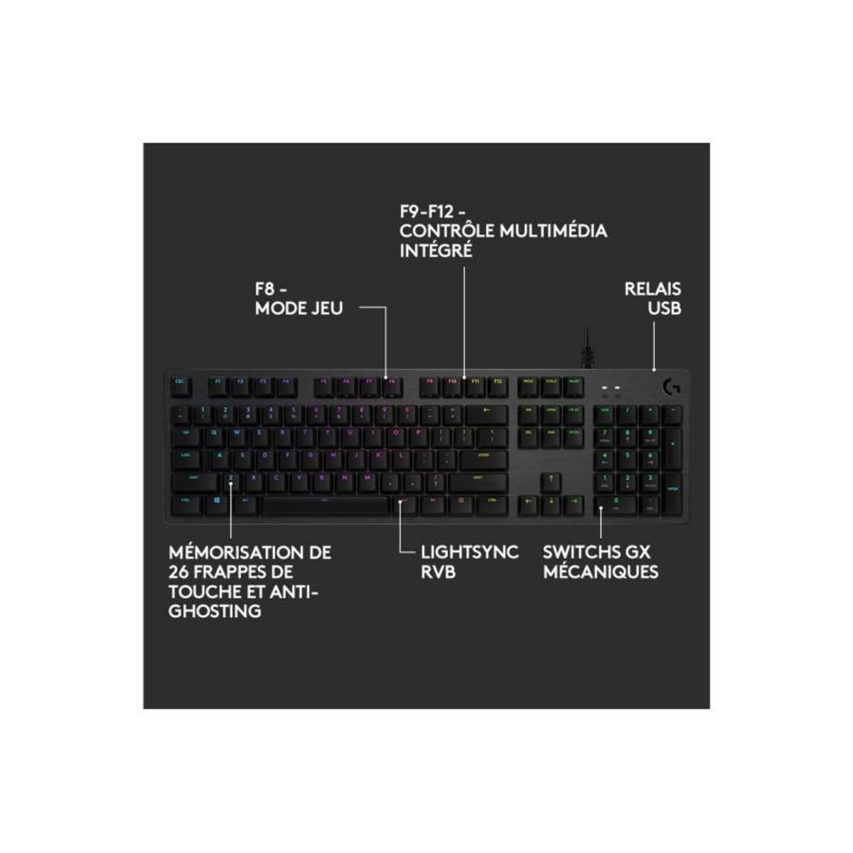 Logitech Clavier gaming mécanique Logitech G512 Carbon Lightsync RVB GX Brown Tactile