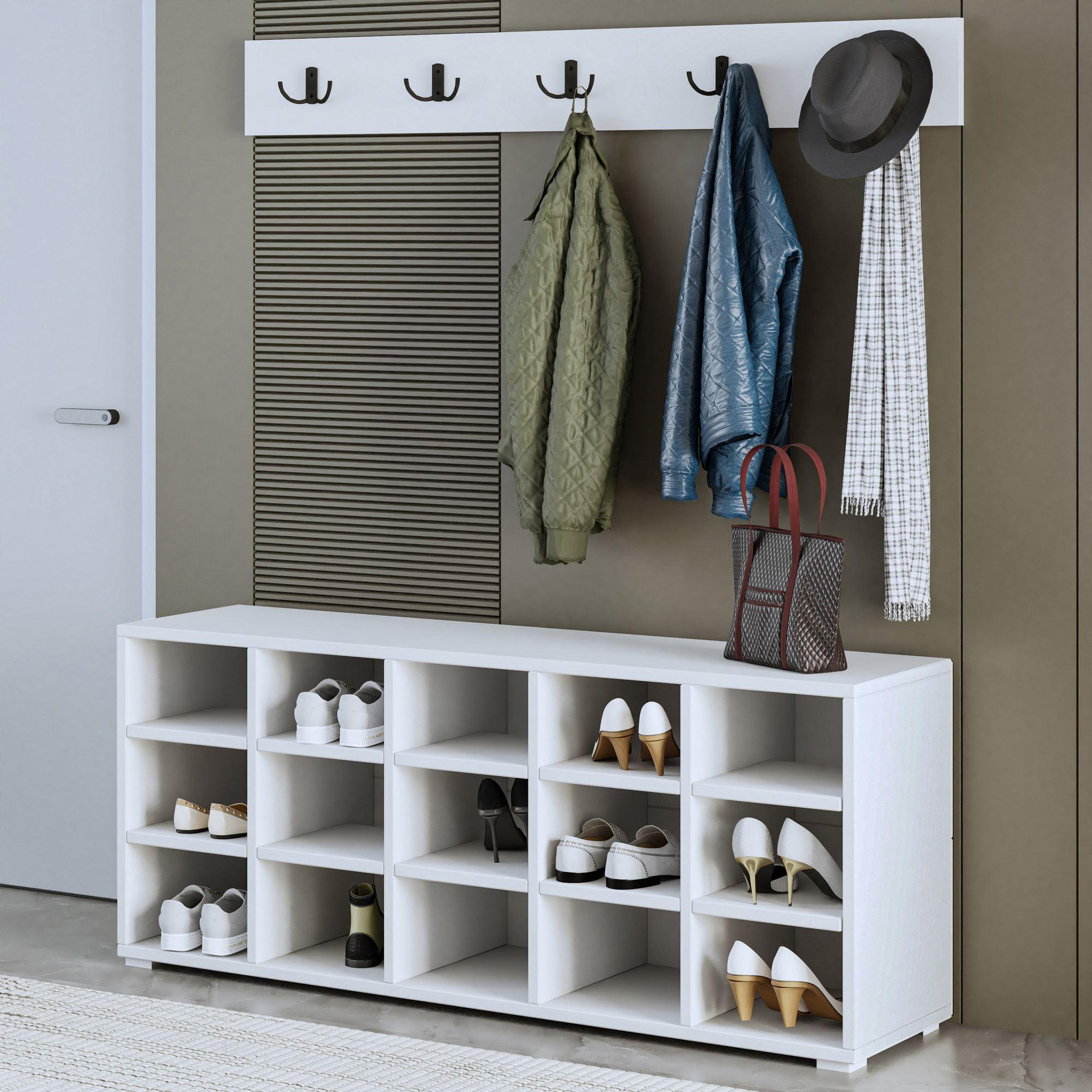 Voir la diapositive 2 : Habitat et Jardin Meuble à chaussures avec porte manteau en bois  talu  - 120 x 30 x 52 cm - blanc