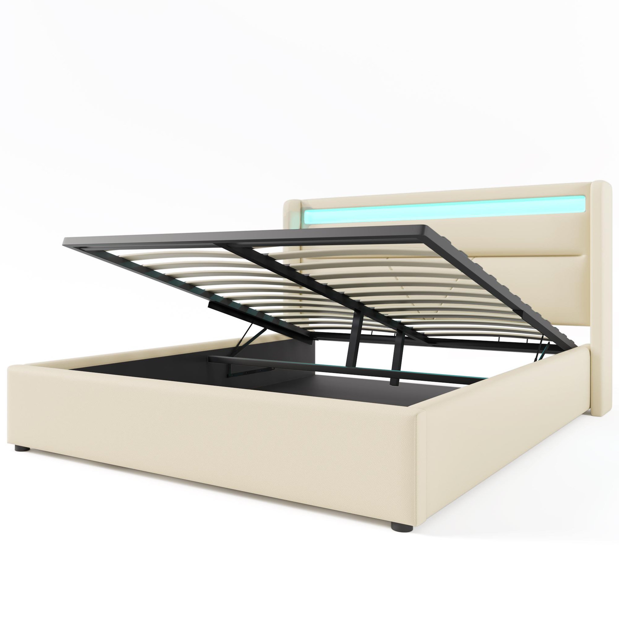 Voir la diapositive 6 : MERAX Lit coffre avec sommier et LED PU