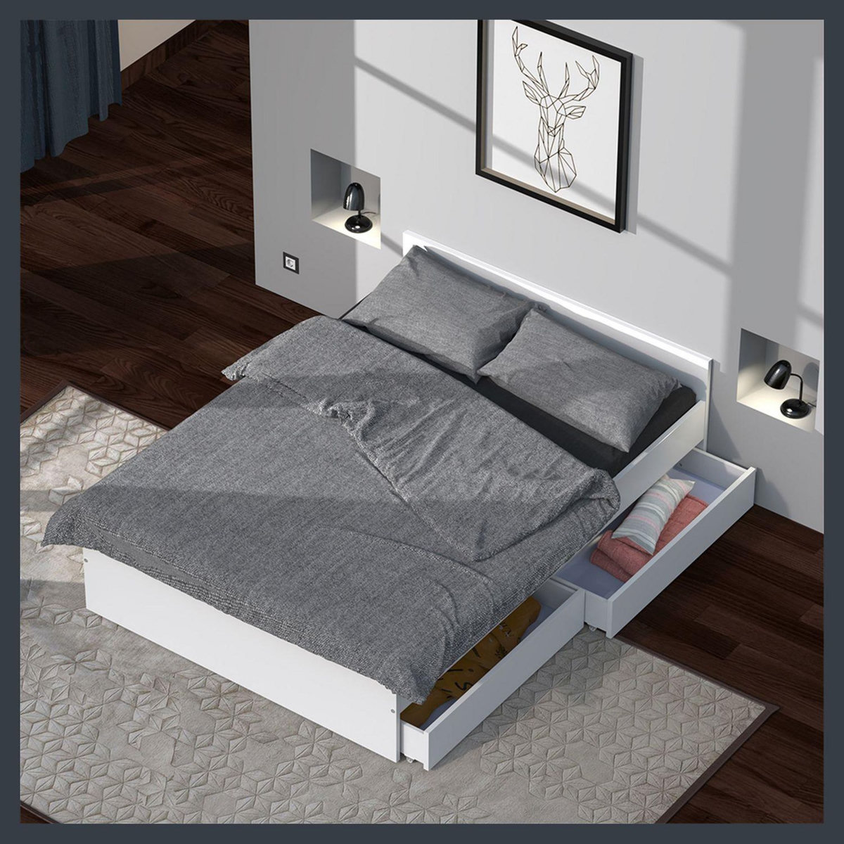 Lit avec rangements 140x190 cm, 2 tiroirs et tête de lit CAMA