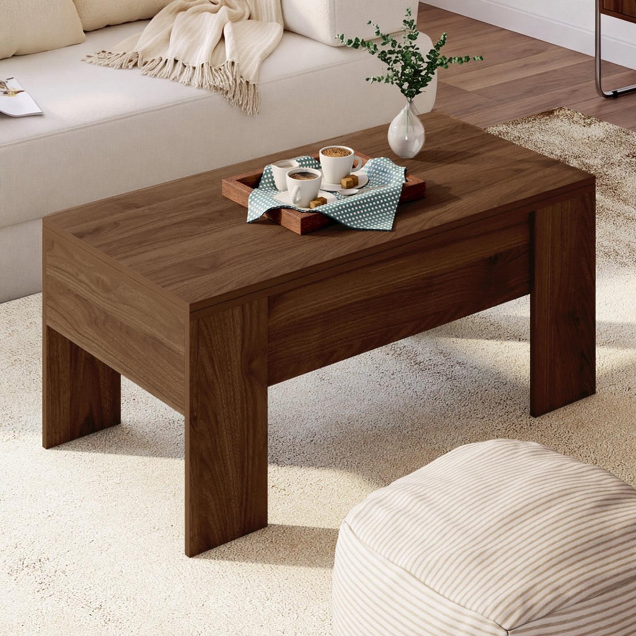 Voir la diapositive 5 : ID MARKET Table basse plateau relevable rectangulaire convertible en table à manger TARA 100 cm bois effet noyer