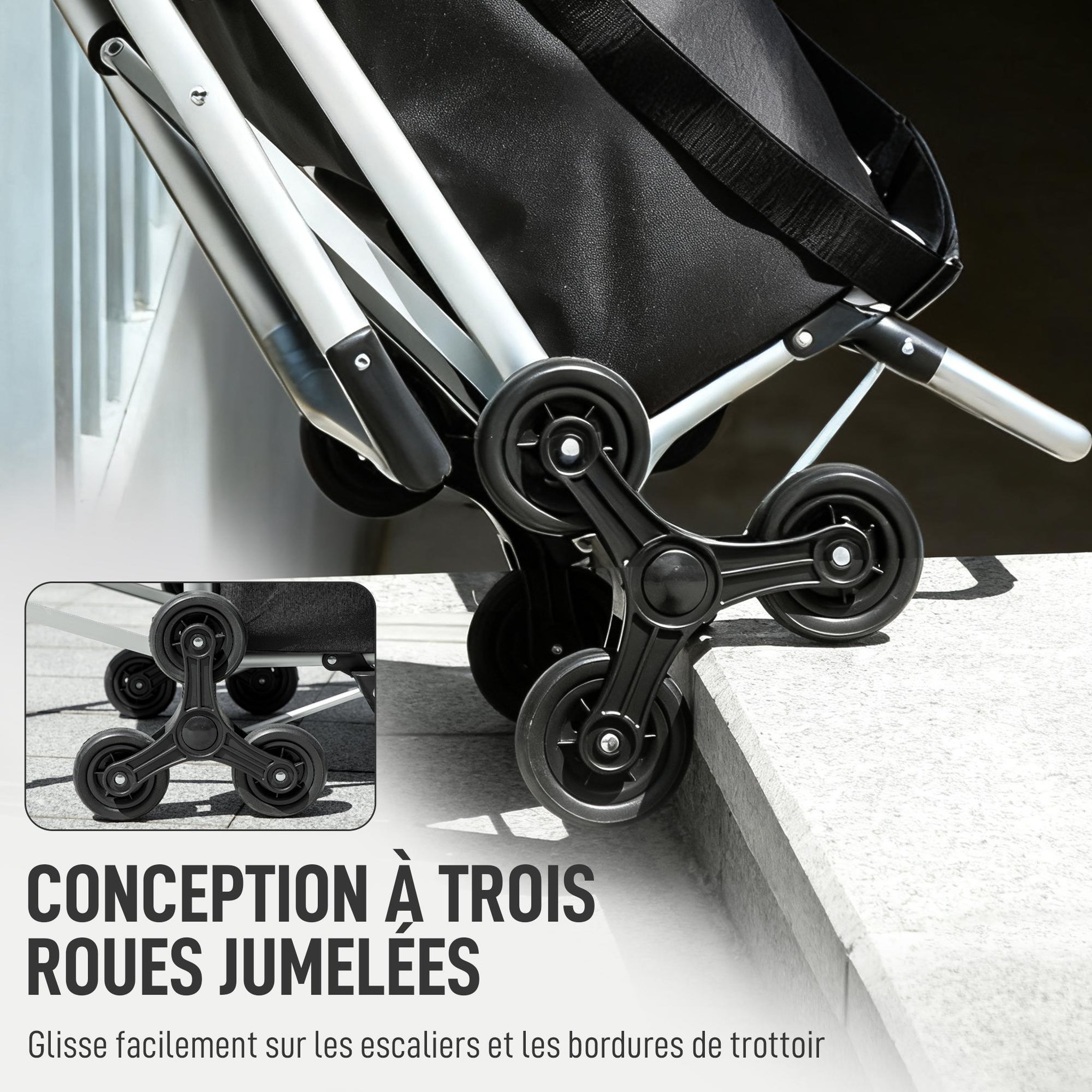 Voir la diapositive 6 : HOMCOM Chariot de courses pliable 3 en 1 tabouret sac à bandoulière 40L poignée telescopique compartiment isotherme alu noir