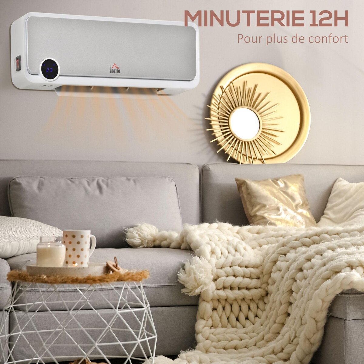 HOMCOM Radiateur mural soufflant oscillant 2000 W - chauffage céramique PTC - 3 niveaux de puissance - télécommande incluse blanc argenté