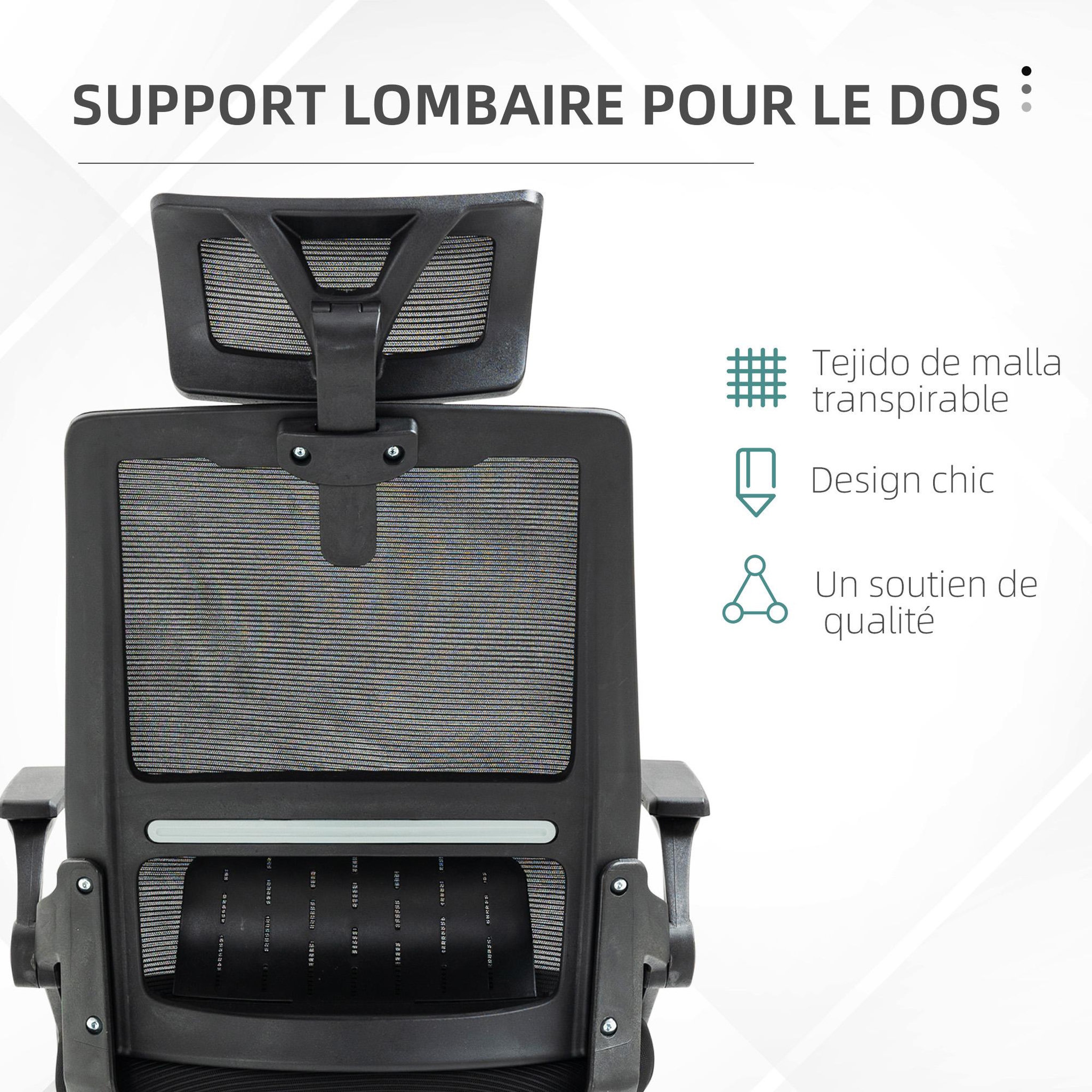 Voir la diapositive 6 : VINSETTO Chaise de bureau ergonomique réglable inclinable pivotante maille polyester noir