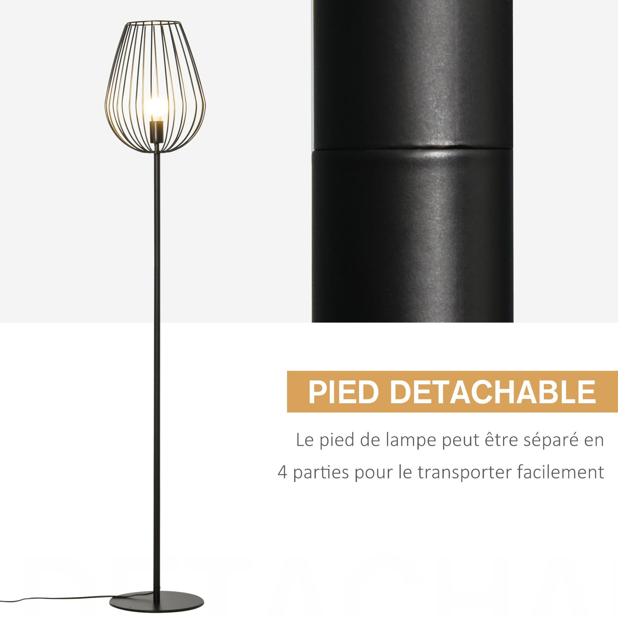 Voir la diapositive 5 : HOMCOM Lampadaire design industriel metal filaire ampoule E27 40 W max. 27,5 x 27,5 x 159 cm noir