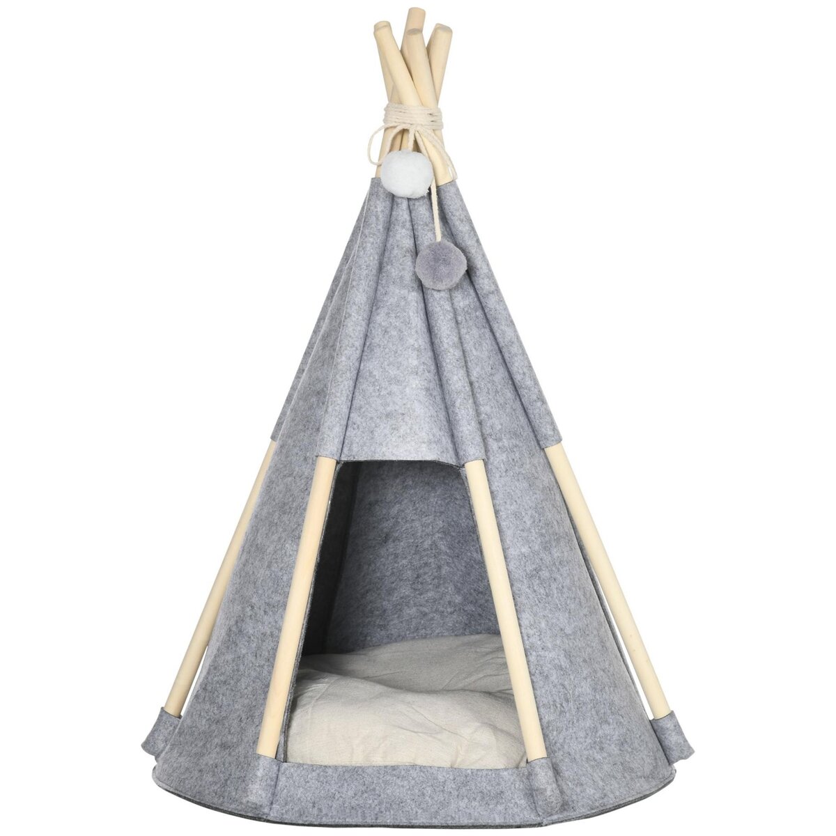 PAWHUT Tente tipi pour animaux - teepee chien chat - coussin épais grand  confort inclus - structure bois de pin feutre polyester gris pas cher 