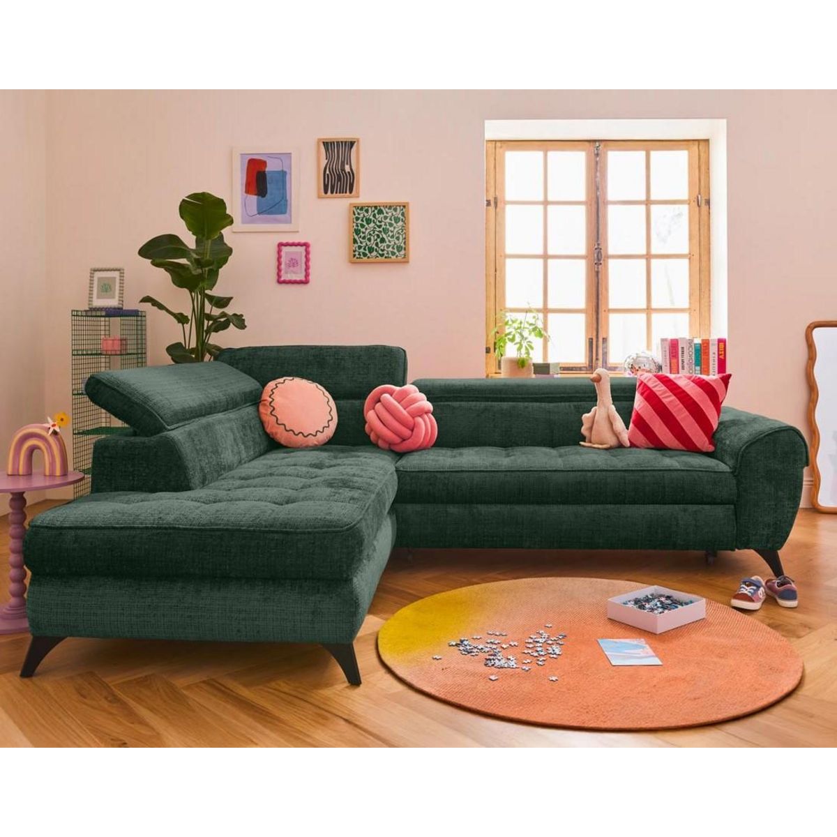 LISA DESIGN Marlo - canapé d'angle gauche 5 places convertible avec coffre et têtières en velours texturé