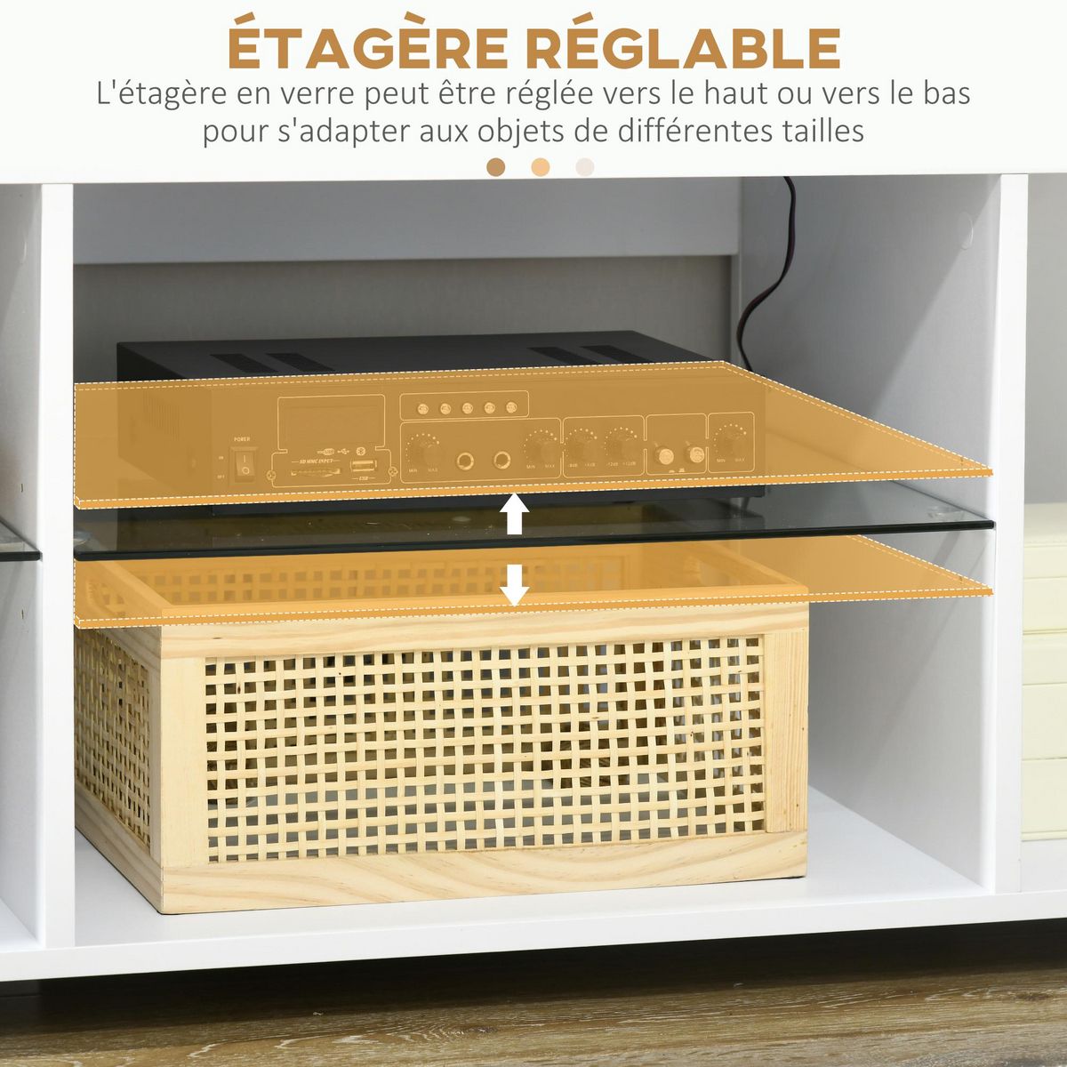 HOMCOM Meuble banc TV sur pieds avec lumières LED - 2 étagères en verre trempé pour télévision jusqu'à 60 pouces style contemporain - 145 x 40 x 45 cm blanc