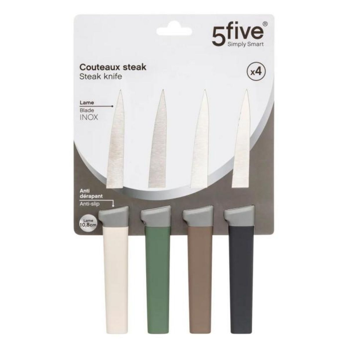 FIVE Lot de 4 Couteaux à Steak  Antidérapant  22cm Multicolore