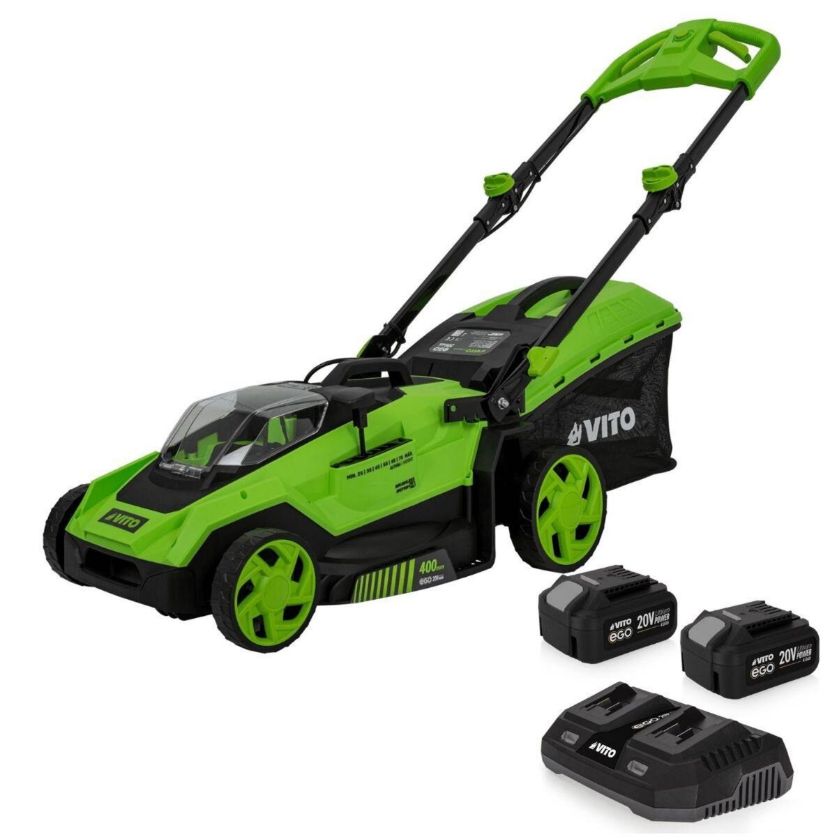 VITO Tondeuse à gazon 40V - 2 Batteries lithium 3.0Ah Chargeur double Moteur Brushless 600m2 VITO