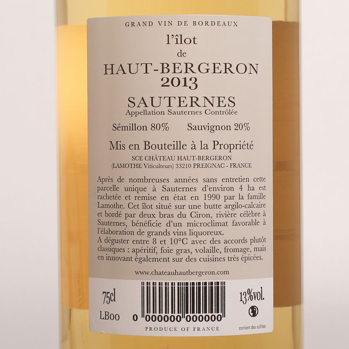 L'ilot de Haut Bergeron Sauternes Blanc 2013