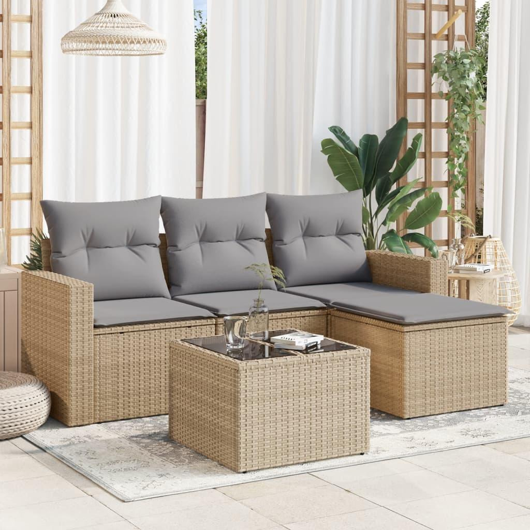 VIDAXL Salon de jardin avec coussins 5 pcs beige resine tressee