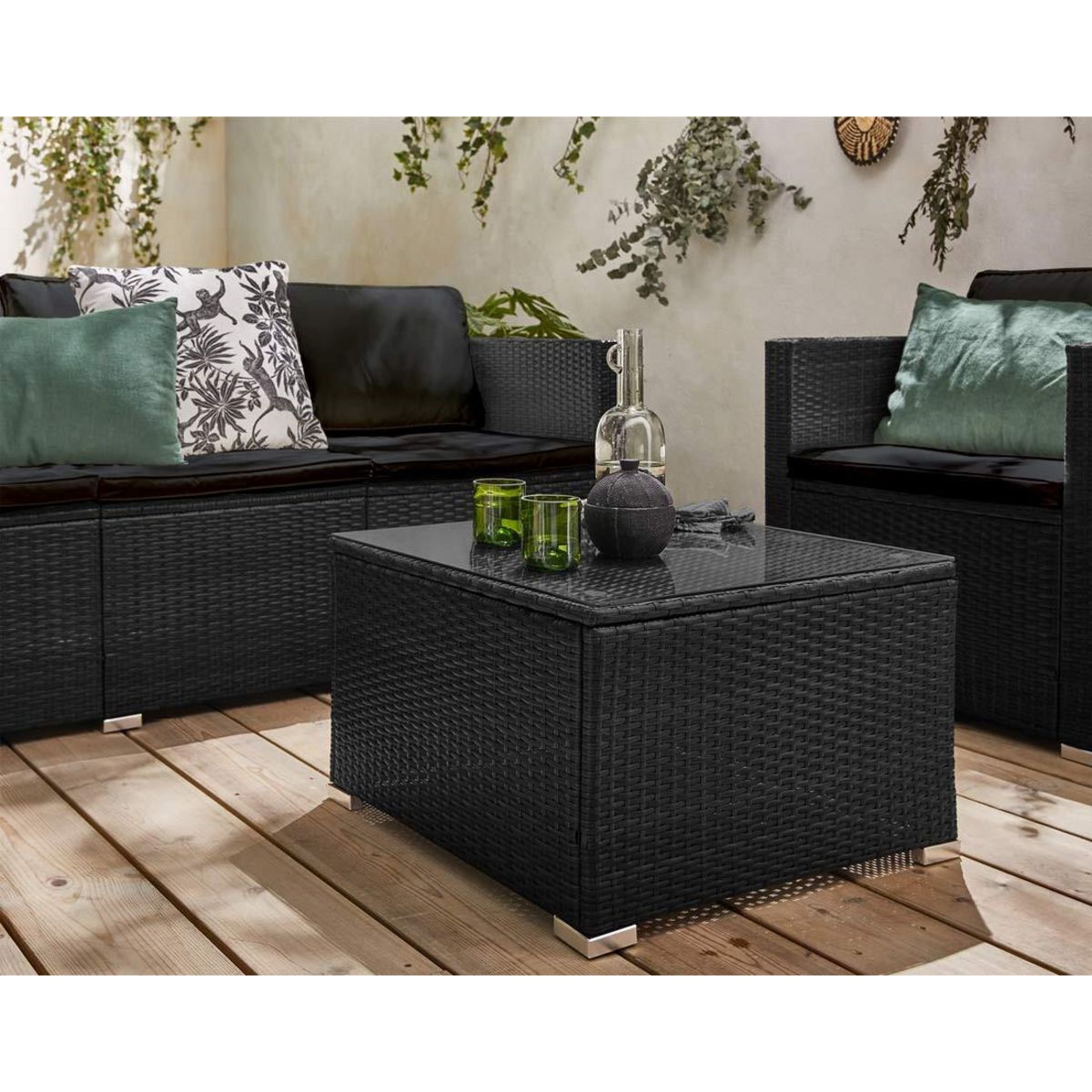 BEST MOBILIER Wanaka - salon de jardin en résine tressée - 5 places - coussins noir