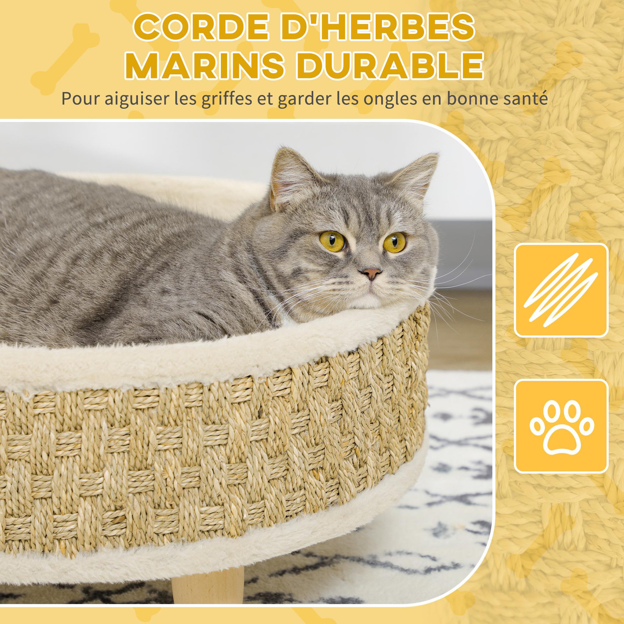 Voir la diapositive 5 : PAWHUT Canapé panier lit chien chat style cosy naturel - coussin inclus - dim. Ø 48 x 24,5h cm - bois pin jonc de mer