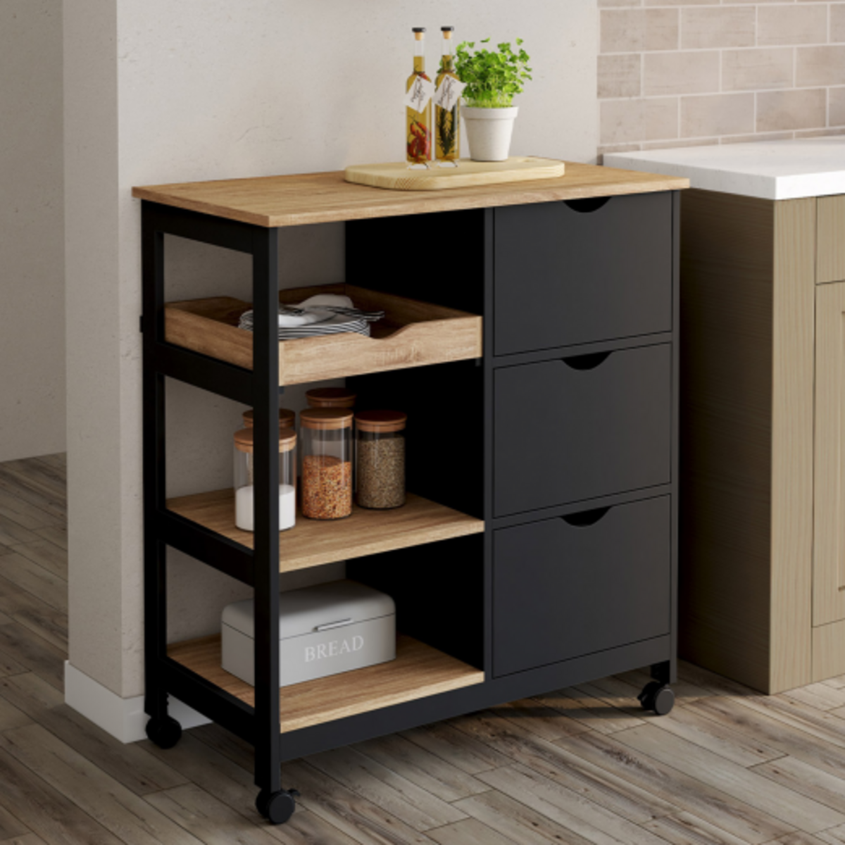 ID MARKET Desserte de cuisine MUNA 3 paniers + 1 plateau amovible noir et effet hêtre L.76 cm