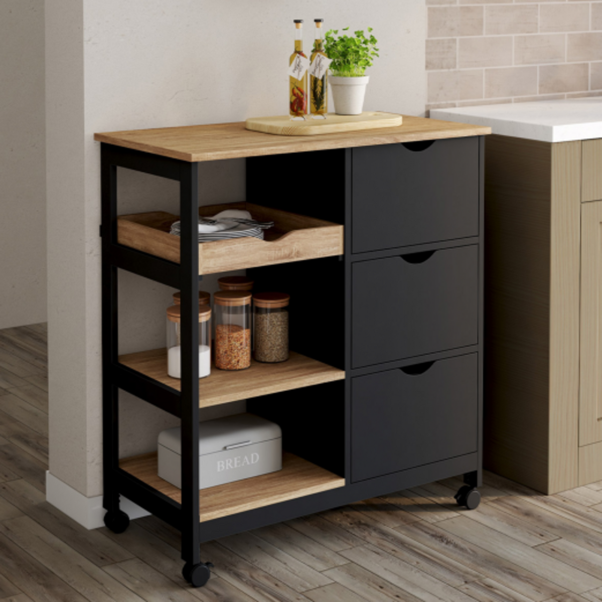 ID MARKET Desserte de cuisine MUNA 3 paniers + 1 plateau amovible noir et effet hêtre L.76 cm