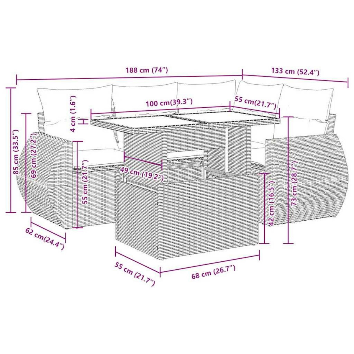 VIDAXL Salon de jardin avec coussins 5 pcs marron resine tressee