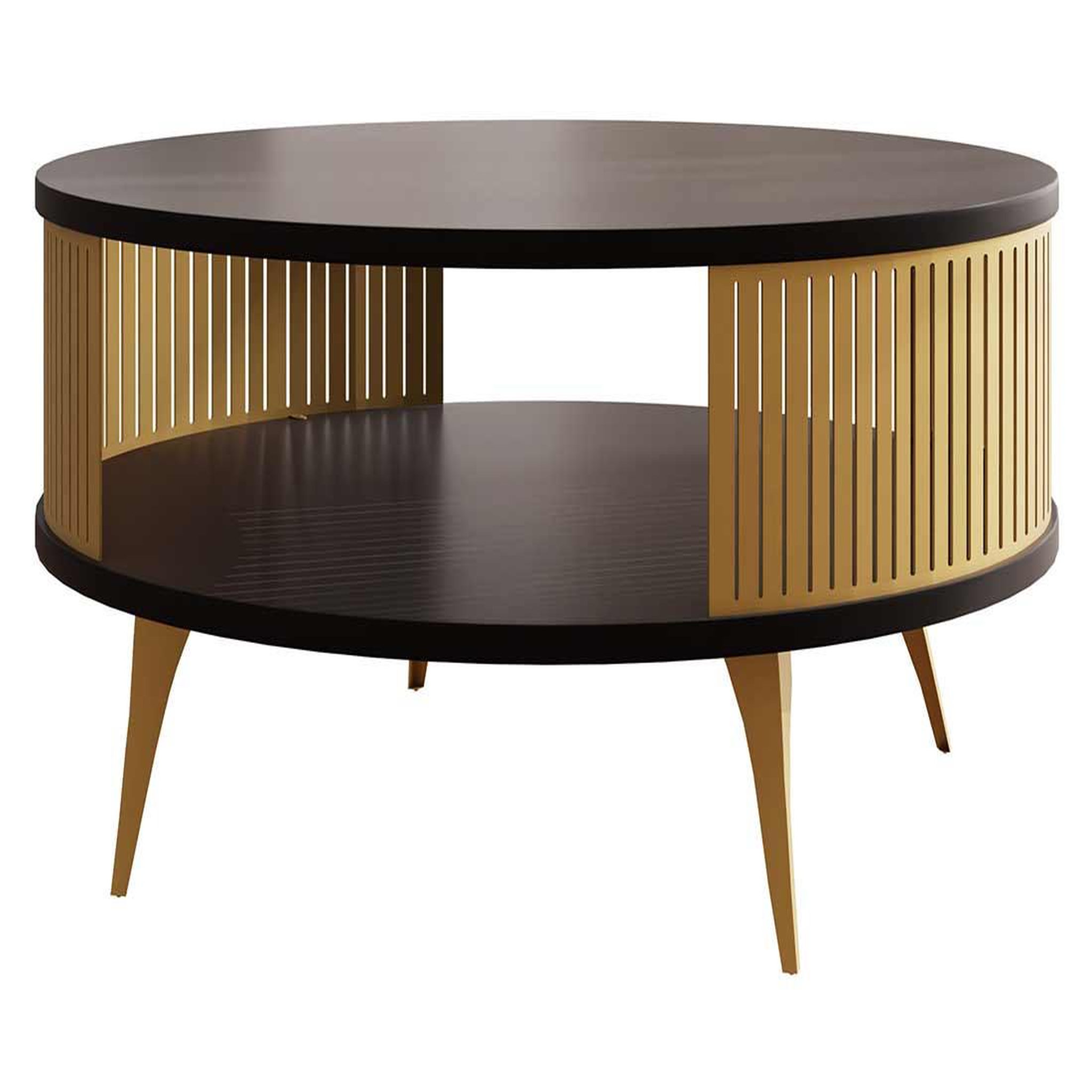 Voir la diapositive 1 : BEST MOBILIER Forini - table basse ronde - noir et doré - 1 niche - 75 cm