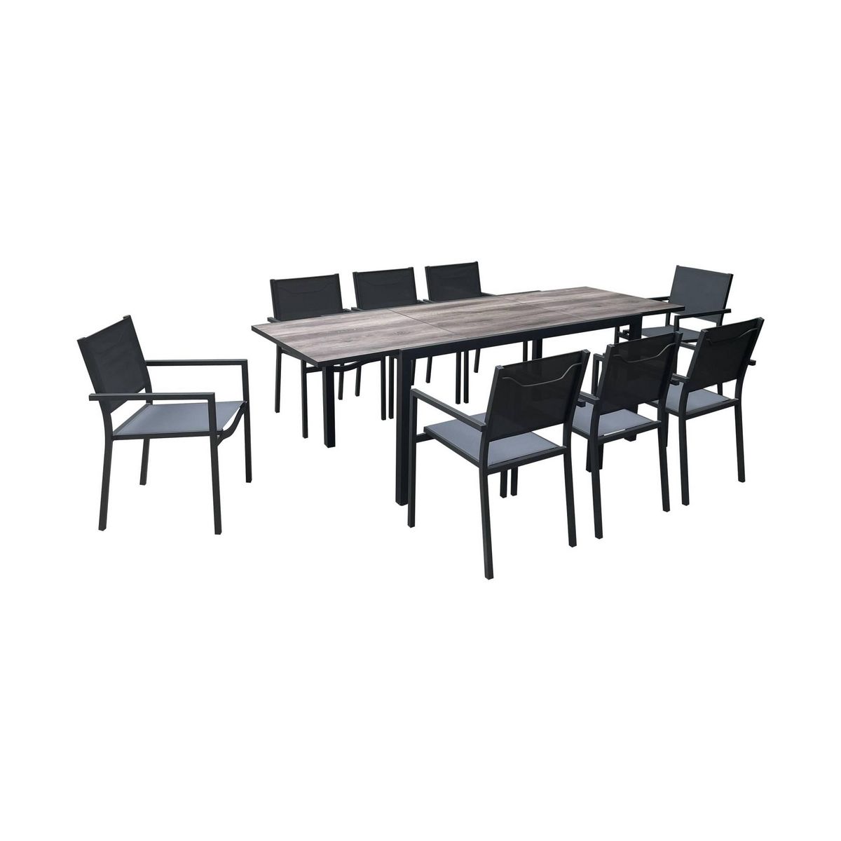 SWEEEK Table jardin extensible aluminium + 8 assises empilables aluminium et textilène