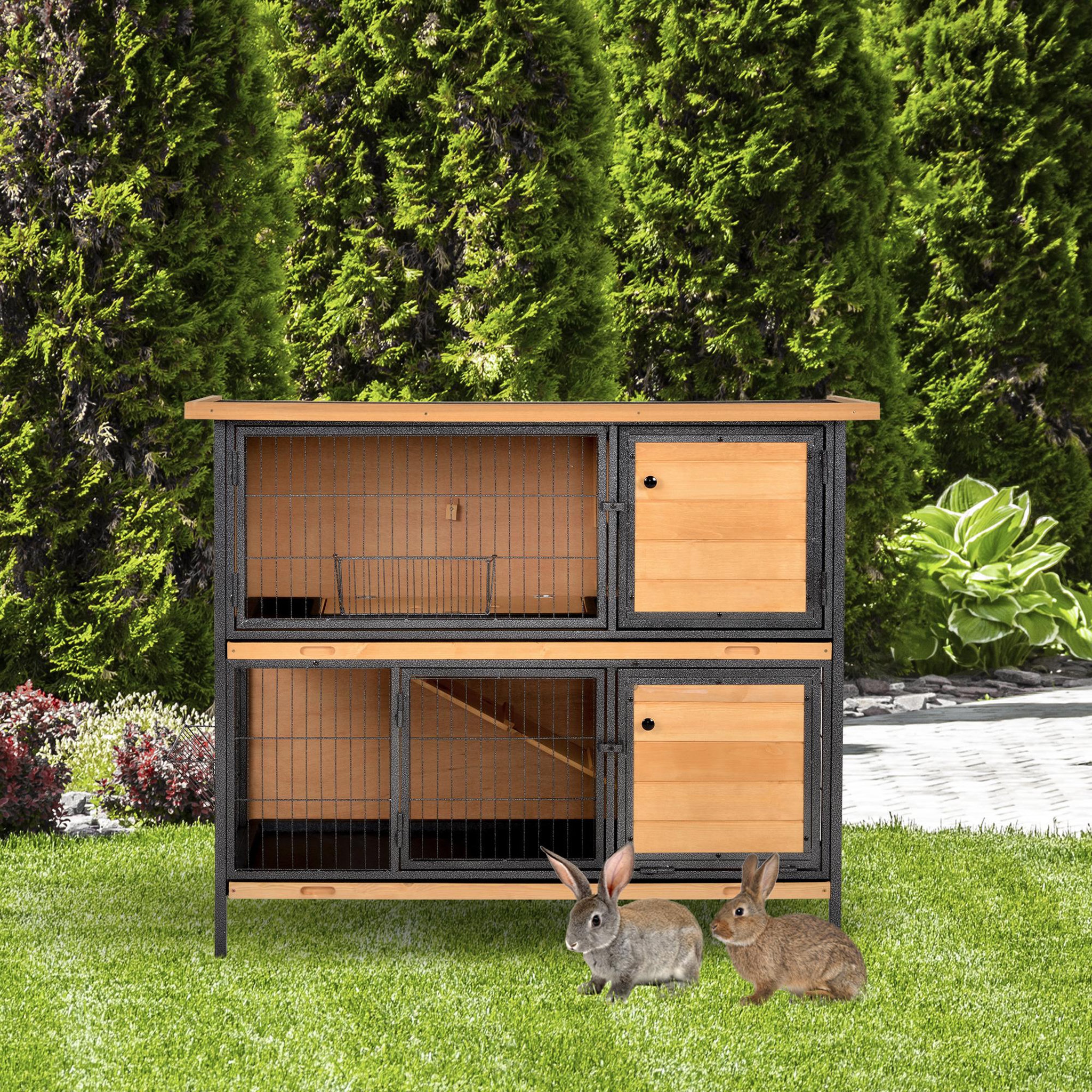 Voir la diapositive 2 : PAWHUT Clapier à lapin 2 niveaux cloisonnables - niche, rampe, plateaux, rateliers, portes - métal époxy bois pré-huilé