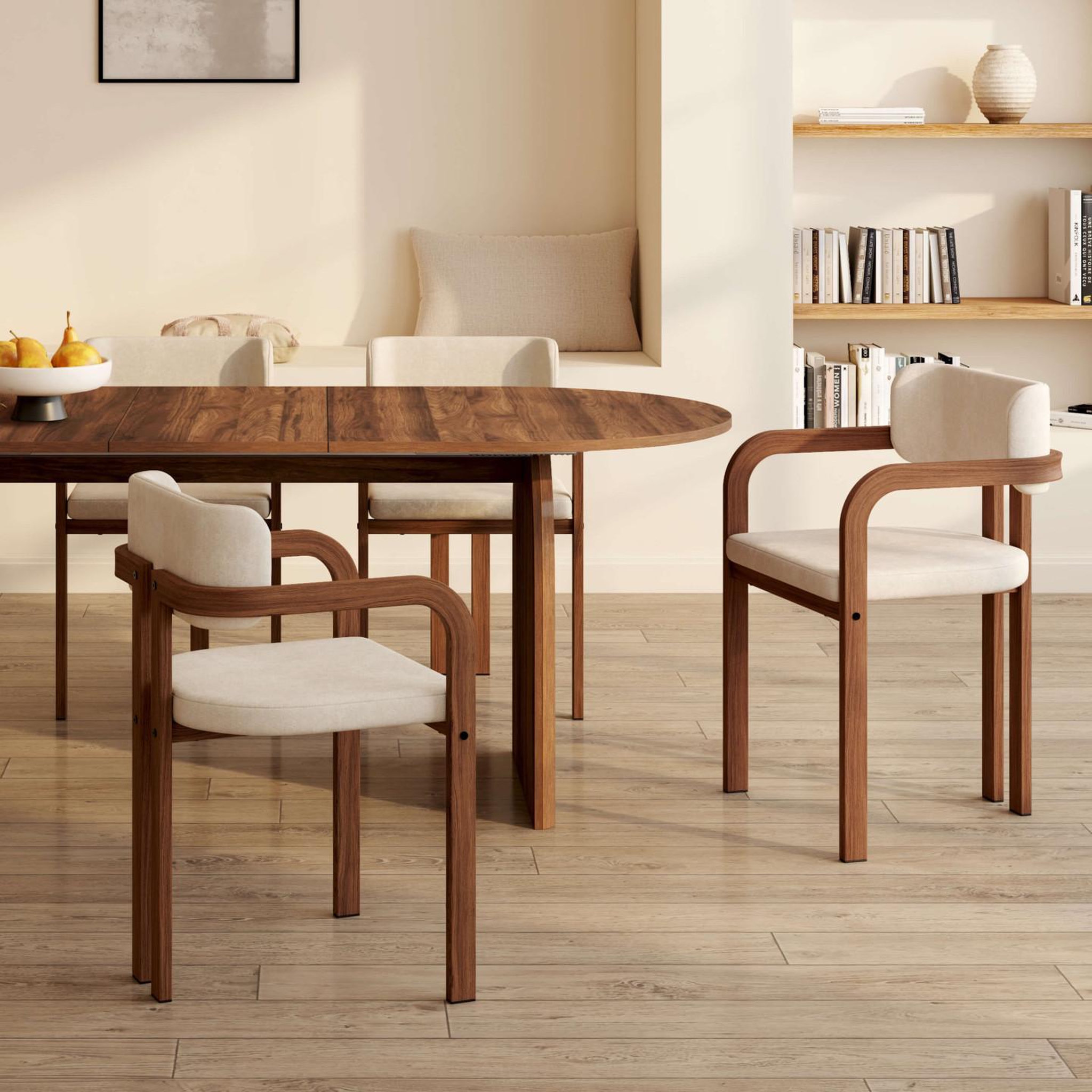 Voir la diapositive 3 : ID MARKET Lot de 4 chaises de salle à manger, fauteuils de table esma en métal effet noyer et tissu chenille beige avec accoudoirs